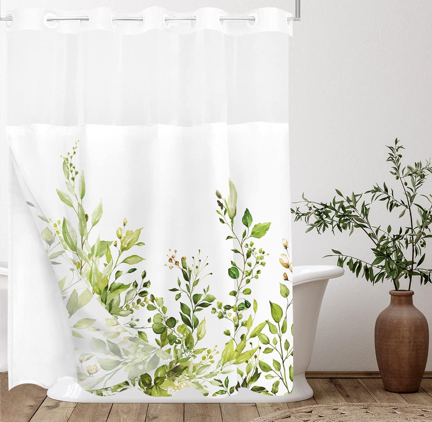 No Hook Shower Curtain with Snap in Liner, Eucalyptus Leaf Vintage Sage Green Leaves Hotel Shower Curtains for Bathroom, Washable Shower Curtain Liner Set with Mesh Top Window, 66"x72"