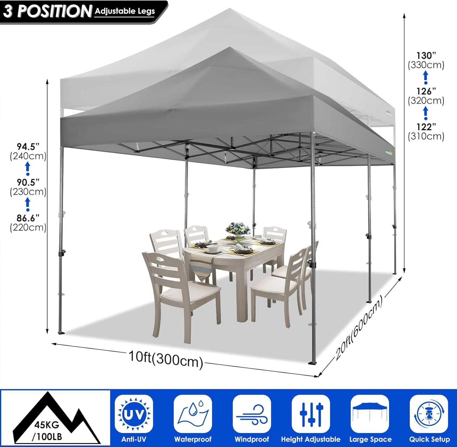 COBIZI 10x20 Heavy Duty Pop up Canopy Tent with 6 sidewalls Easy Up Commercial Outdoor Wedding Party Tents for Parties All Season Wind & Waterproof Gazebo Roller Bag,White(Frame Thickened)