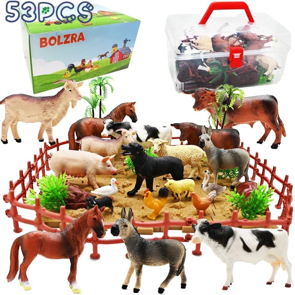 Realistic Plastic Farm Animal Playset with Fences and Soil Blocks