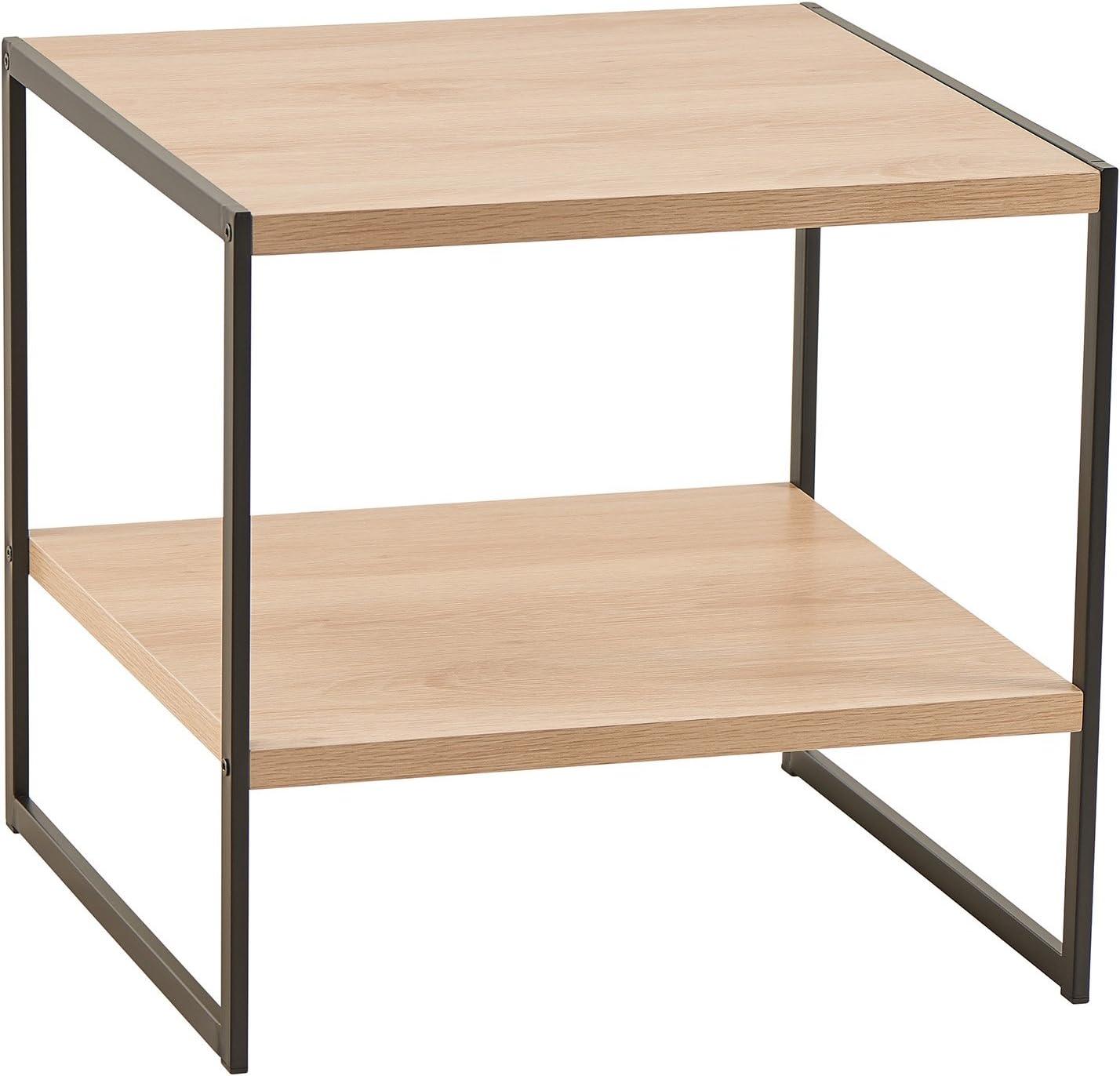 Natural Wood and Black Metal Square Side Table with Storage Shelf