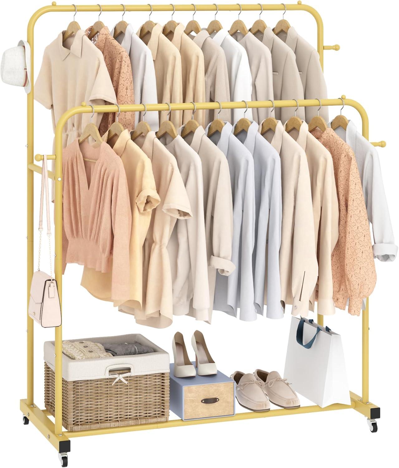 Gold Double Rods Portable Garment Rack with Wheels and Hooks