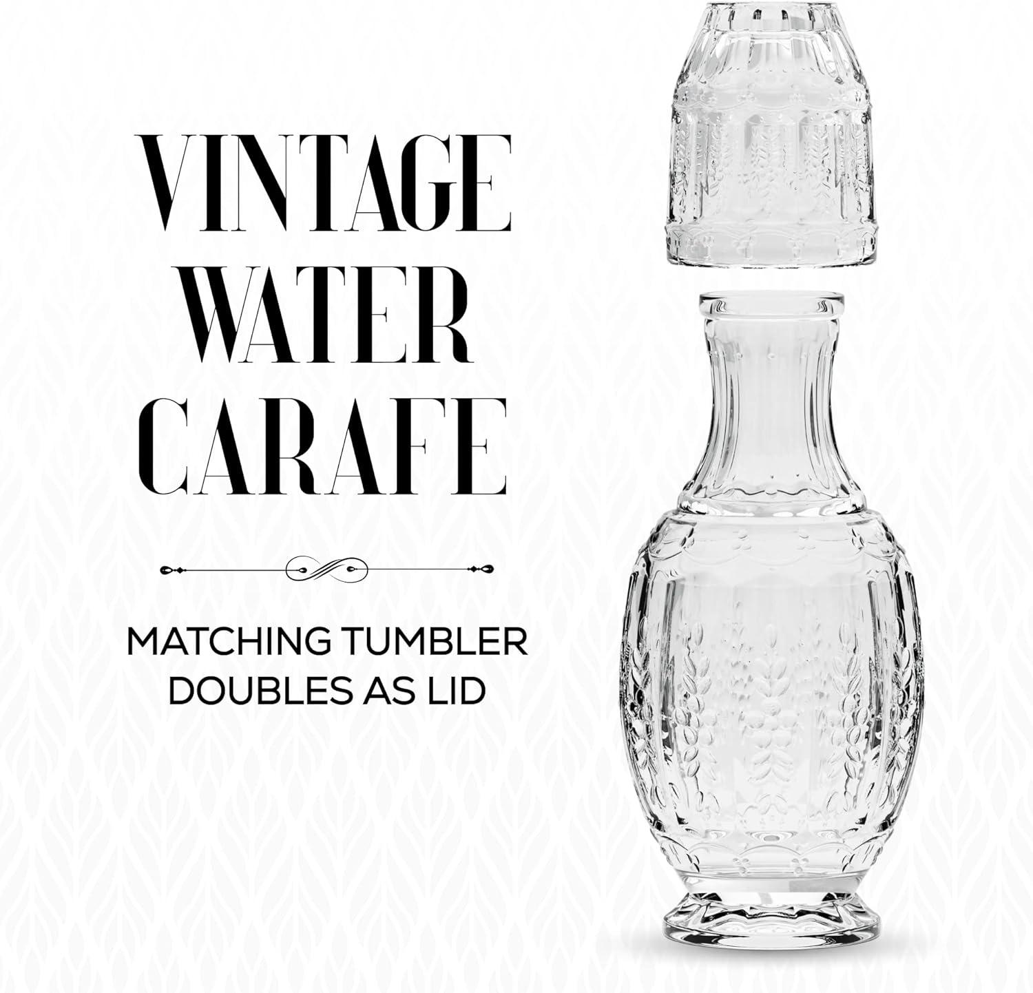 Elle Décor Vintage Night Bedside 33 oz. Water Carafe With Tumbler, 2-Piece Set,Clear