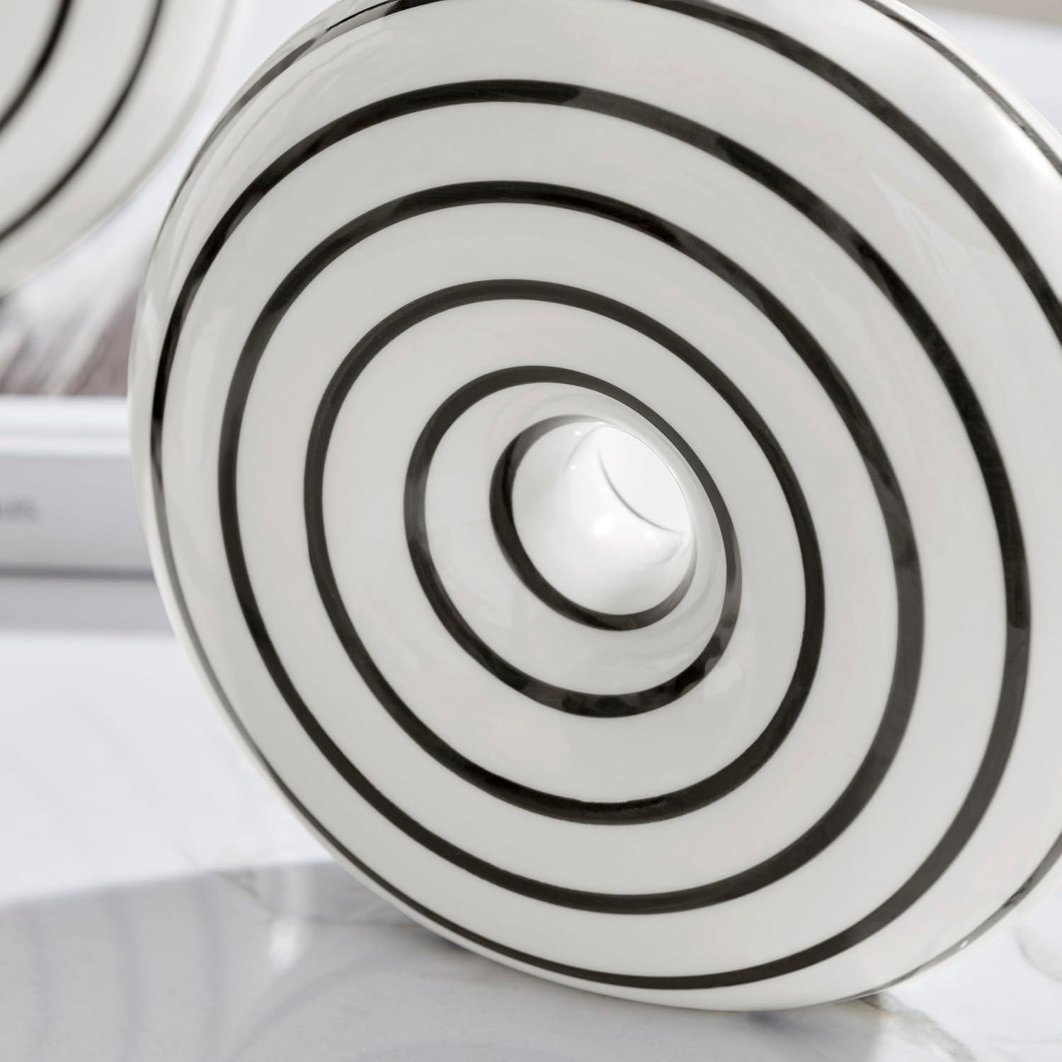 Danya B. Etta Two Piece Glossy Ceramic Black and White Striped Round Hollow Circle Donut Vase Set