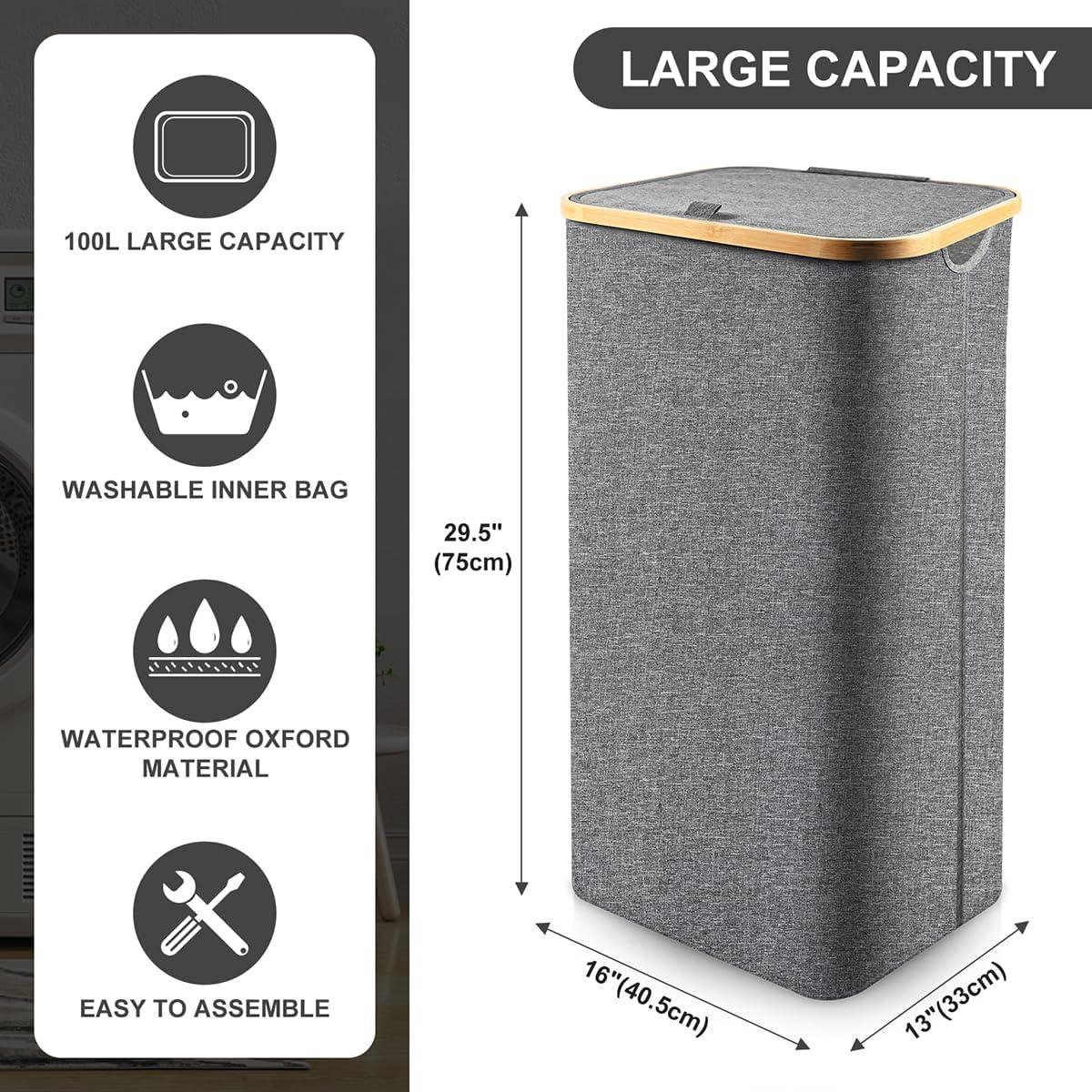 Efluky Laundry Basket with Lid and Removable Bag, 100L Tall Laundry Hamper with Bamboo Handles, Aesthetic Dirty Clothes Bin for Laundry Room, Bathroom, Bedroom and Dorm,Grey