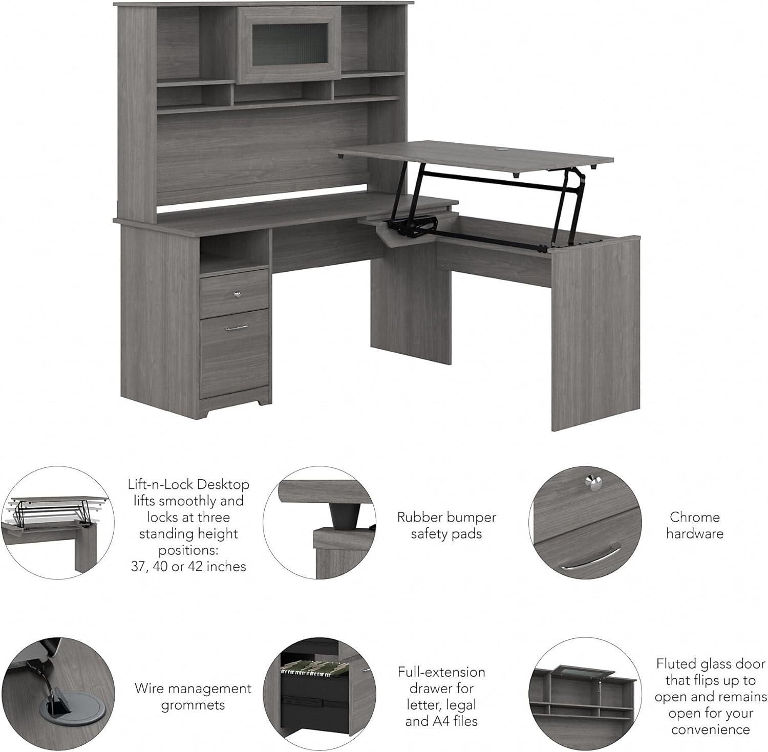 Cabot 60W Sit to Stand L Shaped Desk with Hutch in Modern Gray - Engineered Wood