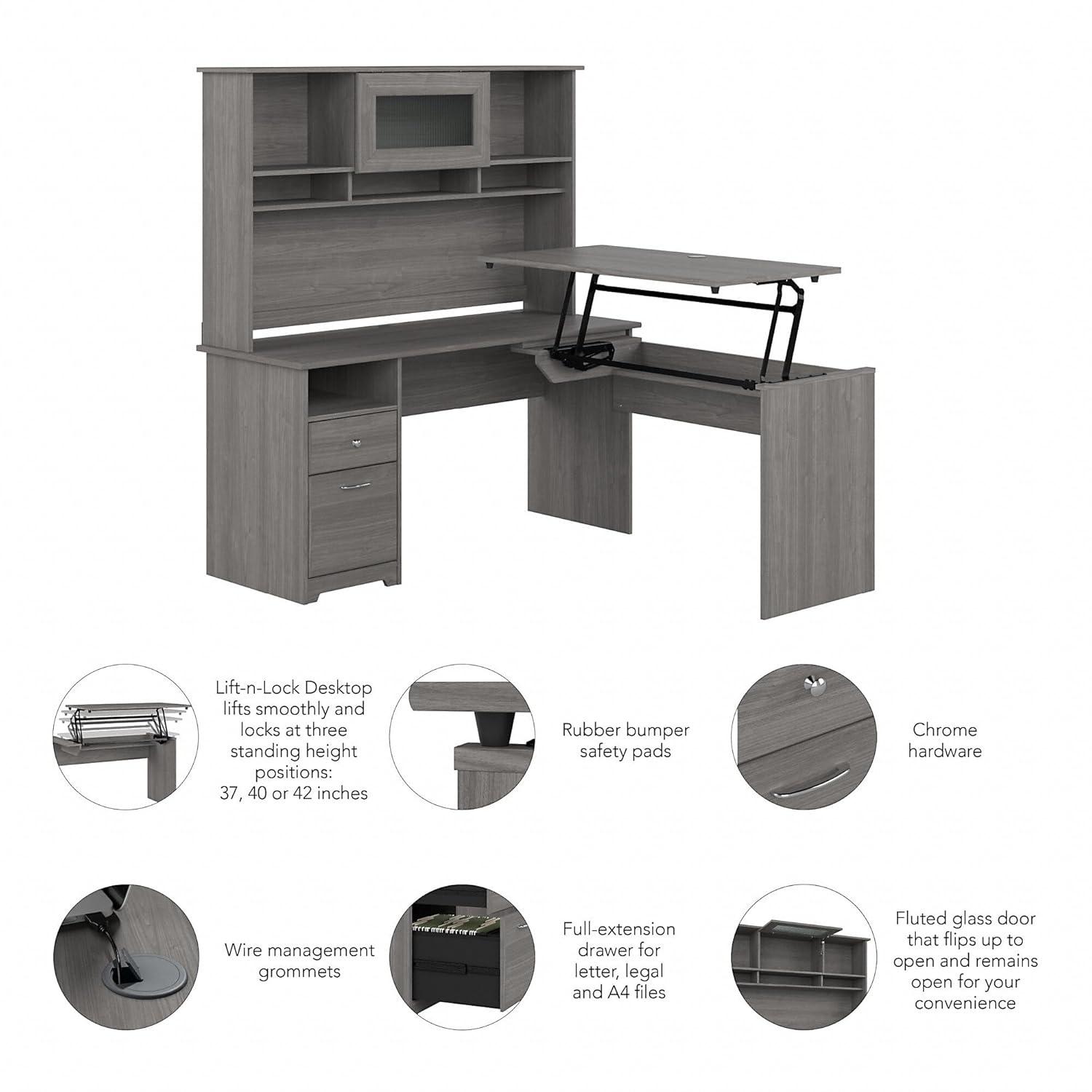 Cabot 60W Sit to Stand L Shaped Desk with Hutch in Modern Gray - Engineered Wood