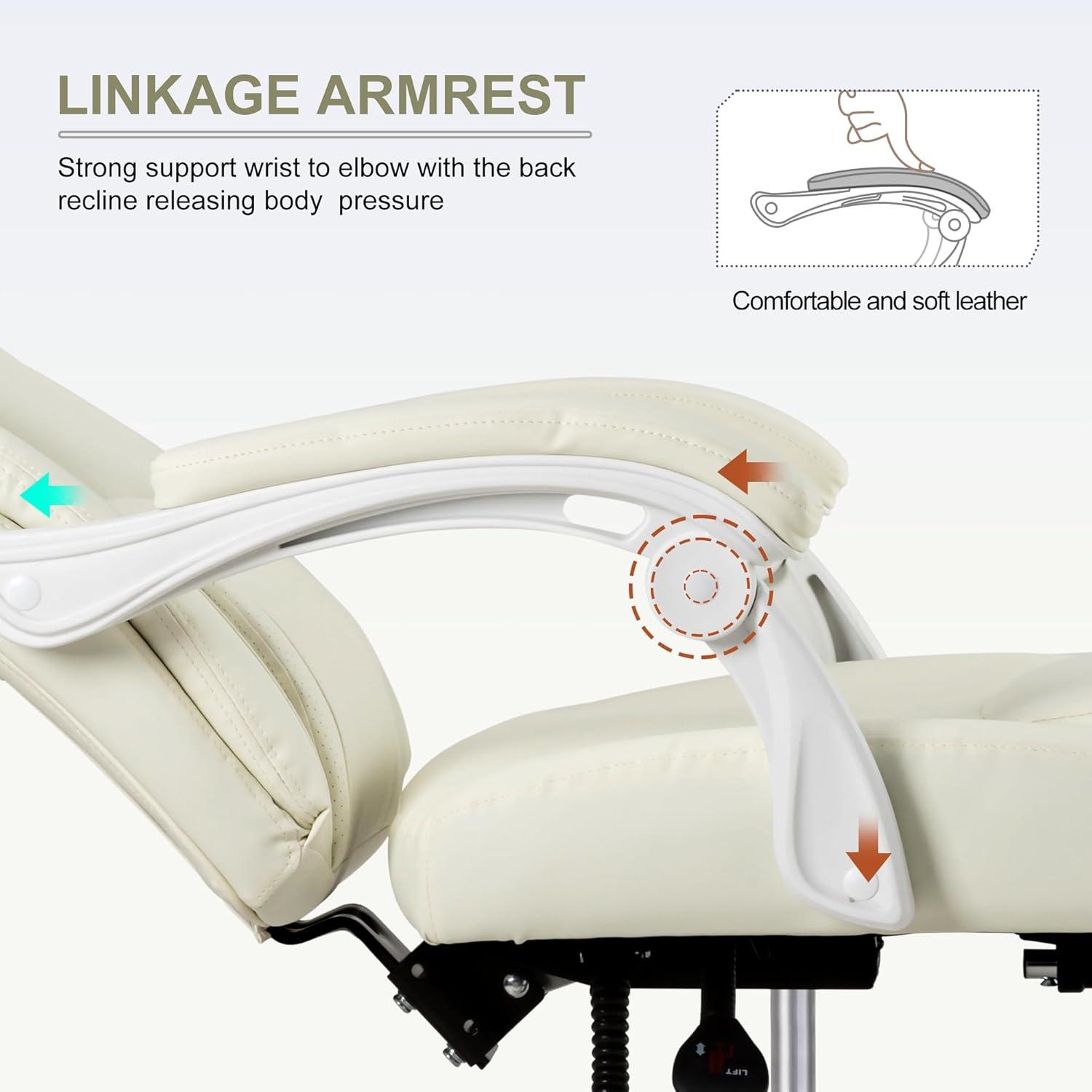 Executive Office Chair with Footrest,90-155°Adjustable Reclining Office Chair,Thick Leather Chair with Lumbar Support,Ergonomic Computer Desk Chair Comfy for Home Office (Cream White)