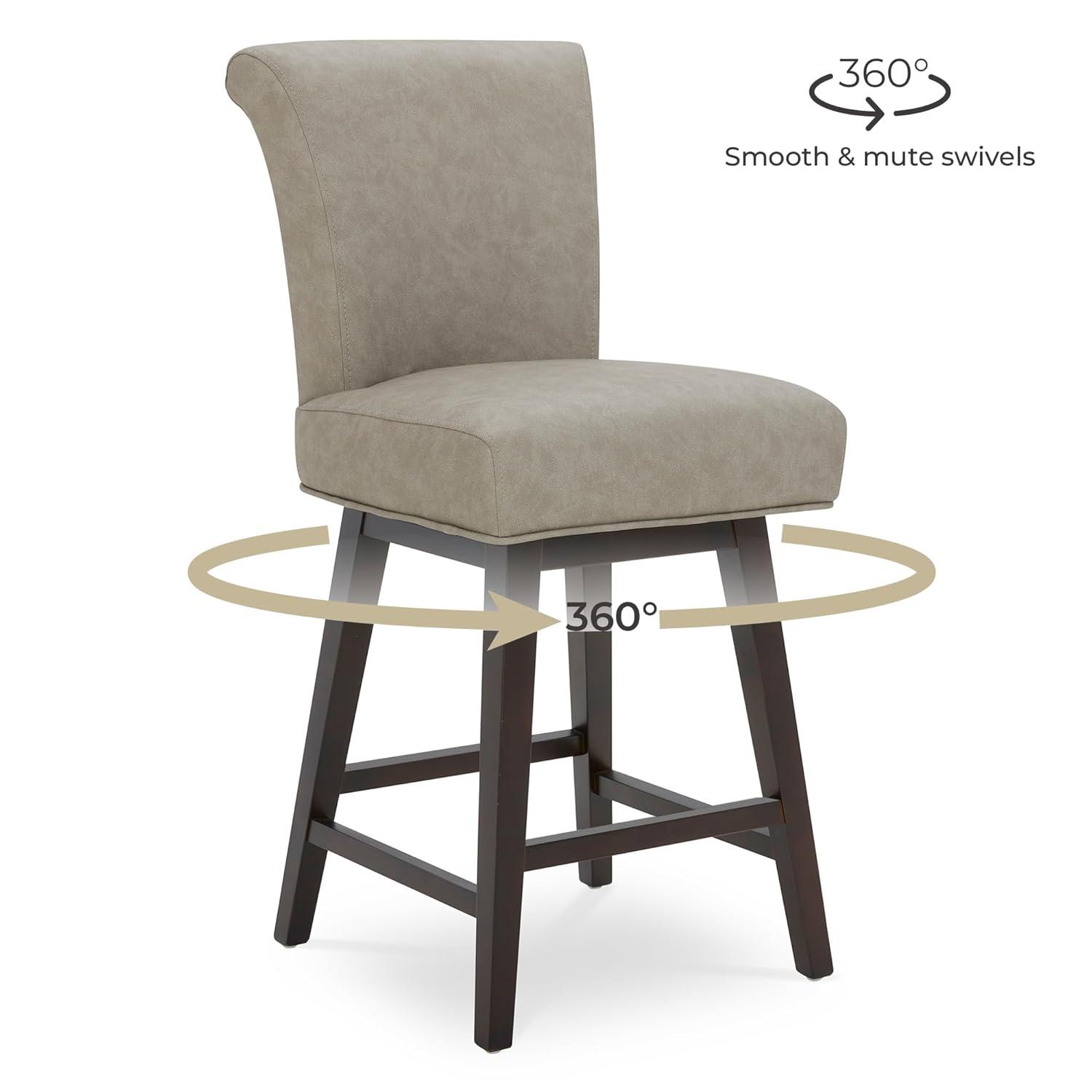 CHITA 26 in Upholstered Swivel Counter Bar Stools with Back&Wood Legs Set of 2, Faux Leather in Creamy Gray