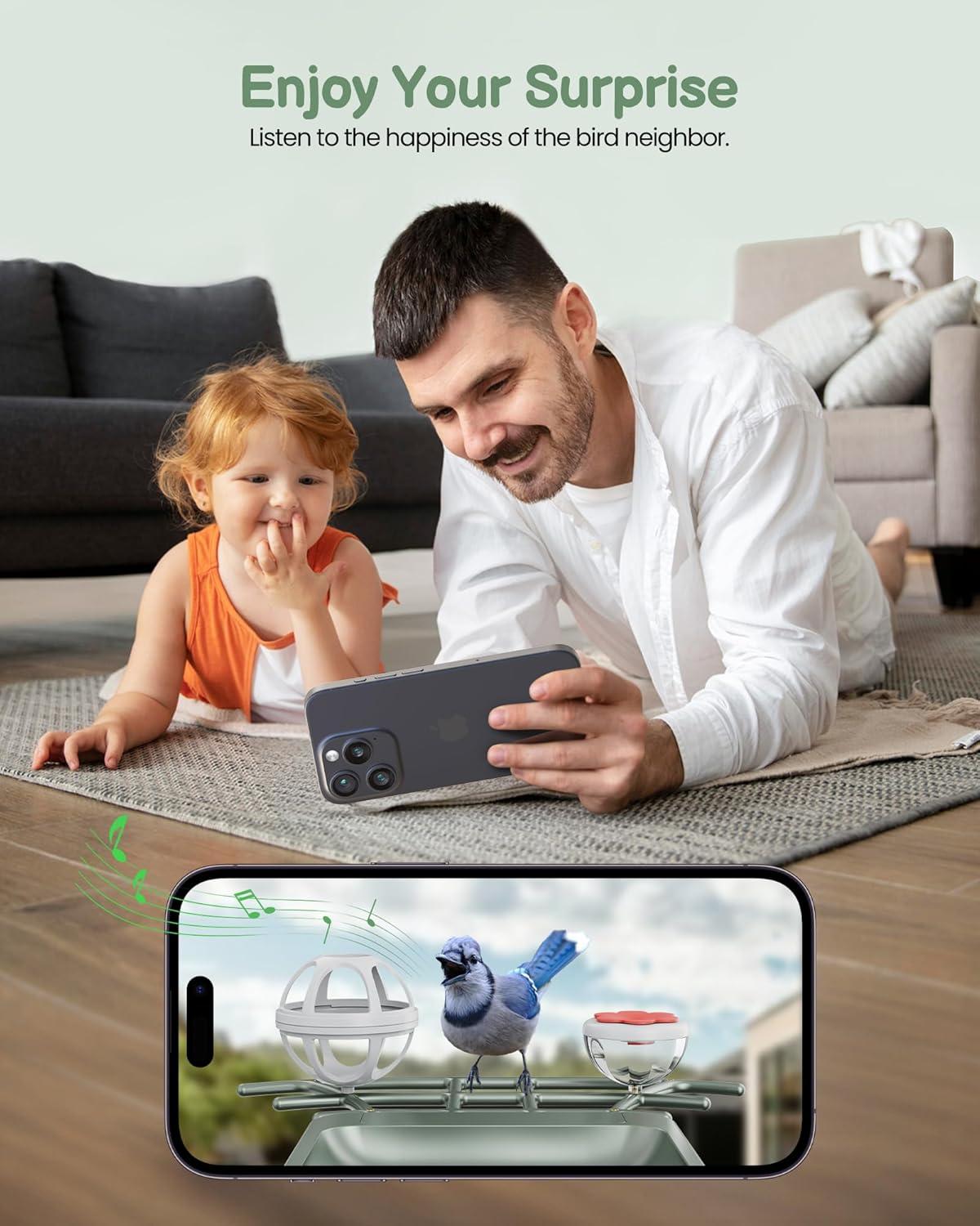 Solar-Powered Green and Red Bird Feeder with 2K HD Camera