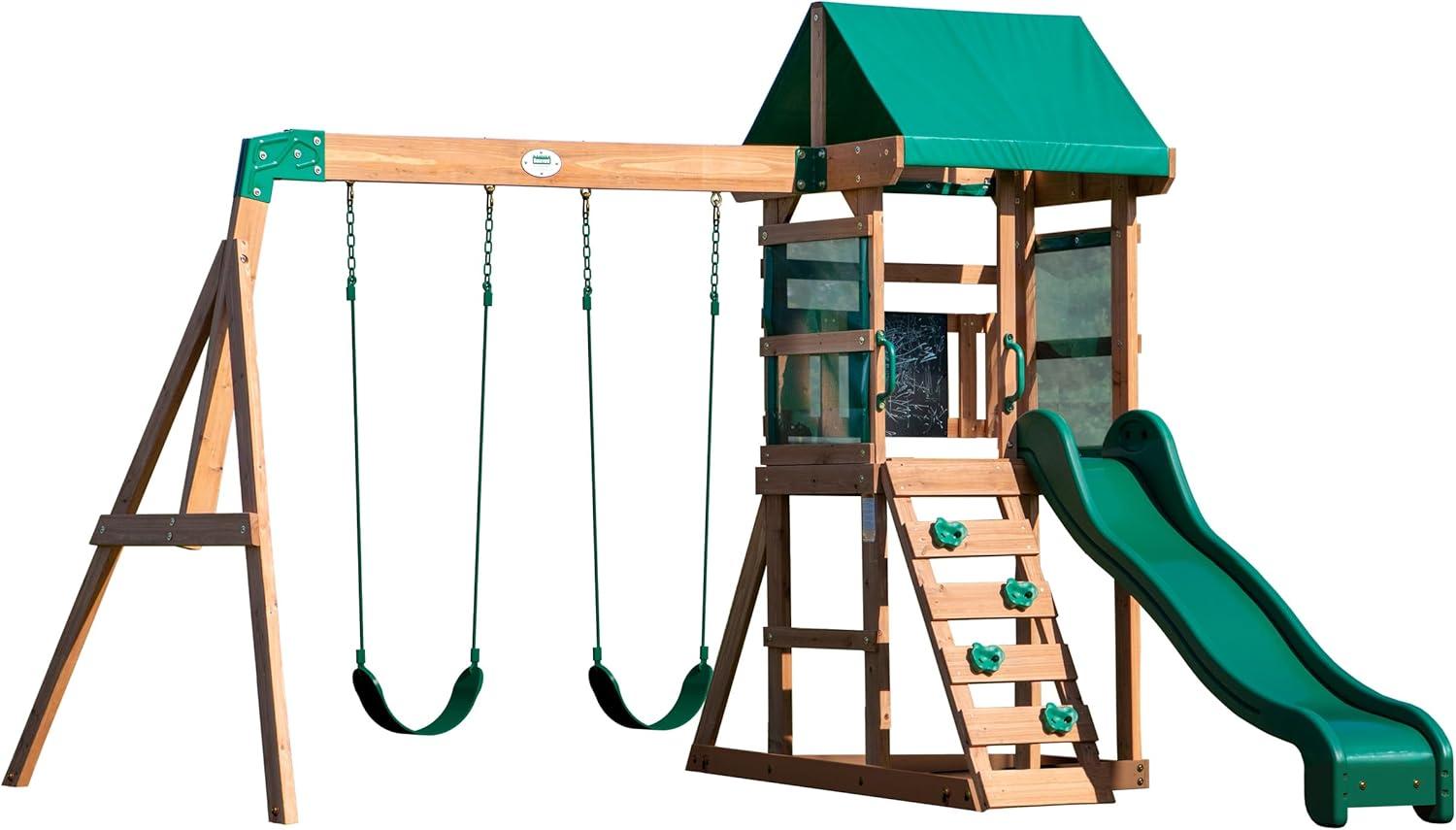 Backyard Discovery Buckley Hill Cedar Wood Swing Set with Wave Slide, Play Deck, Rock Wall Ladder, and Chalkboard & Reviews | Wayfair