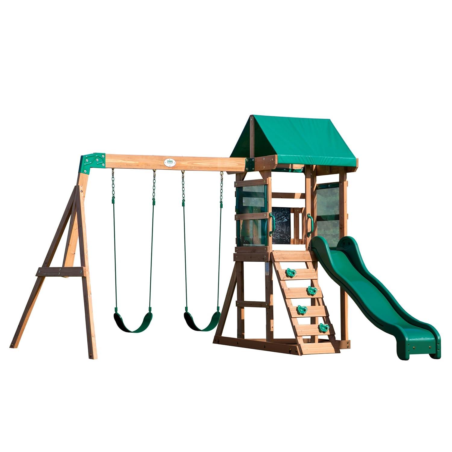 Backyard Discovery Buckley Hill Cedar Wood Swing Set with Wave Slide, Play Deck, Rock Wall Ladder, and Chalkboard & Reviews | Wayfair