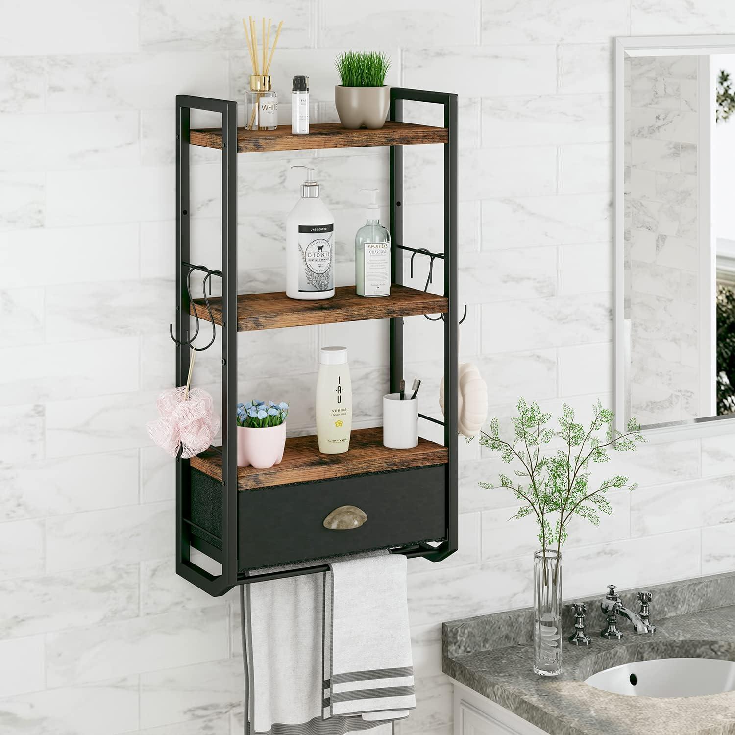 Bathroom Storage Organizer Wall Mounted, 3 Tier Bathroom Towel Rack Shelf with Storage Drawer Double Towel Bars and Hooks, Industrial Bathroom Shelves Over Toilet, Rustic Black and Brown (A)