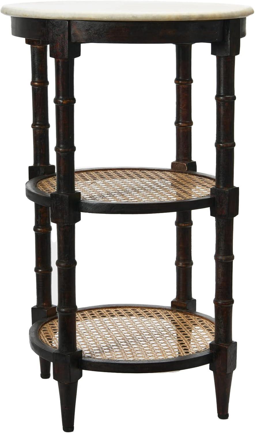 Boho Chic Round Wood & Marble End Table with Woven Cane Shelves