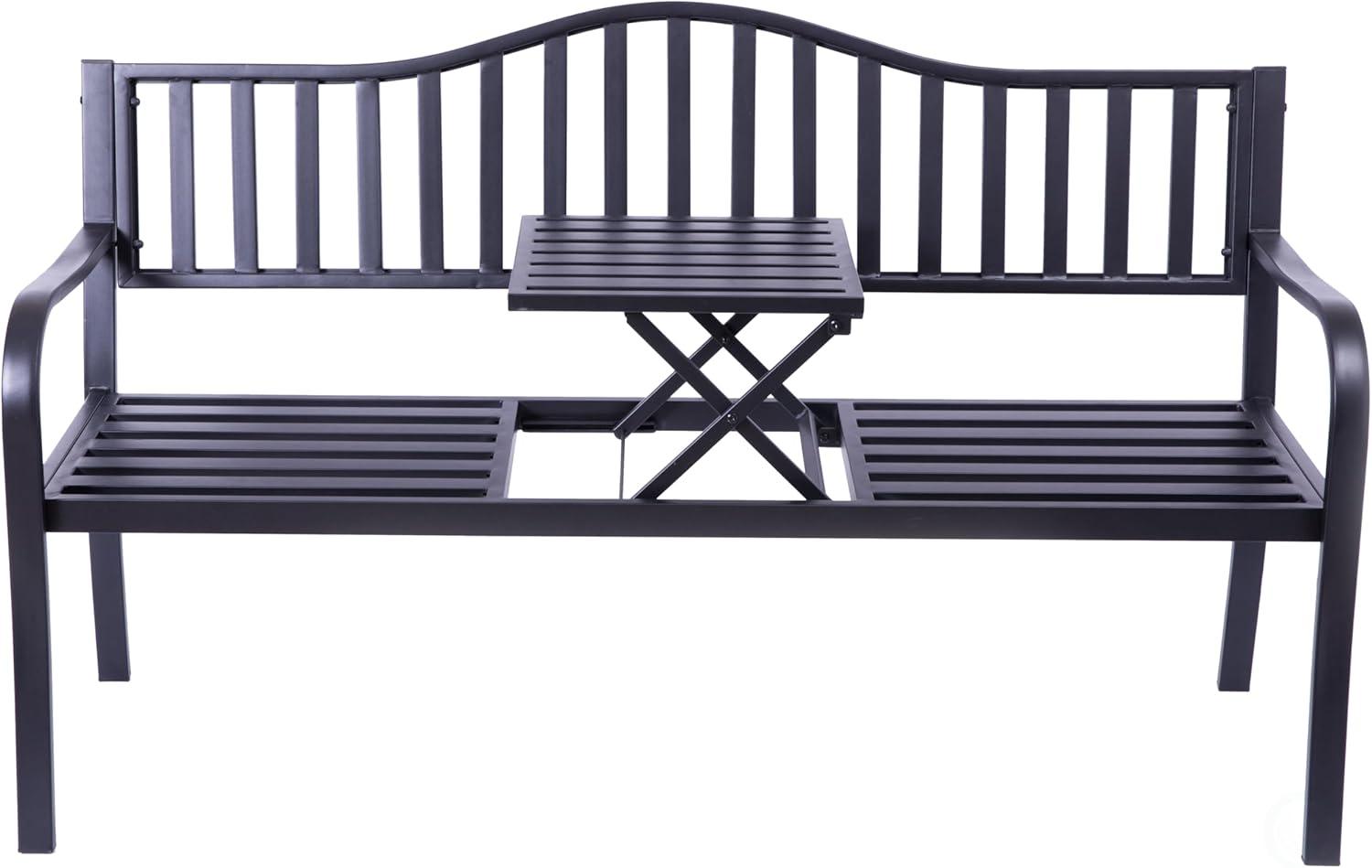 Outdoor Powder Coated Steel Park Bench, Garden Bench with Pop Up Middle Table, Lawn Decor Seating Bench for Yard, Patio, Garden, Balcony, and Deck