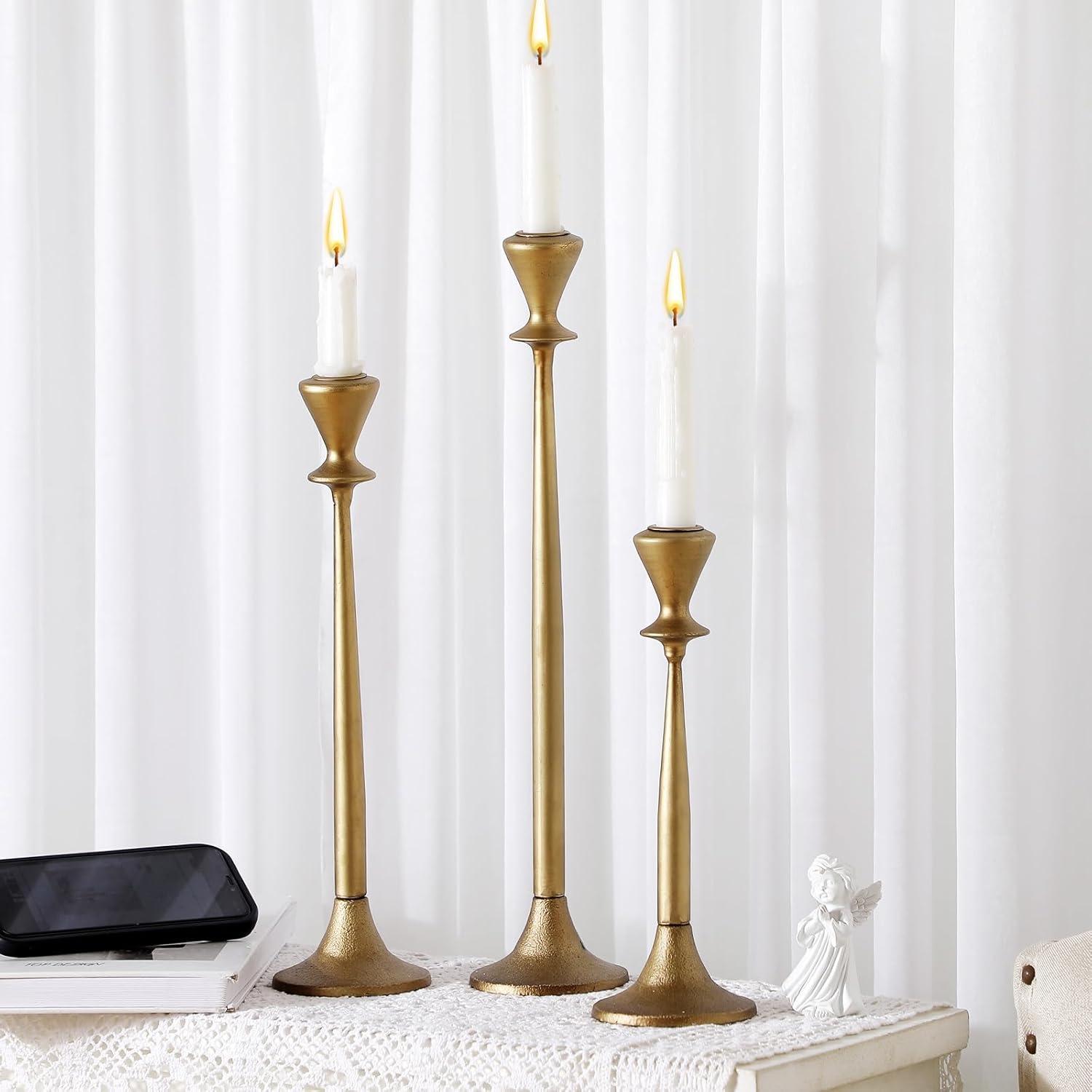 wwbo Set of 3 Exquisite Antique Brass Cast Iron Taper Candle Holders - Elegant Decorative Centerpieces for Wedding  Dining  Party - Tabletop Candlestick Holders for Christmas Decorations