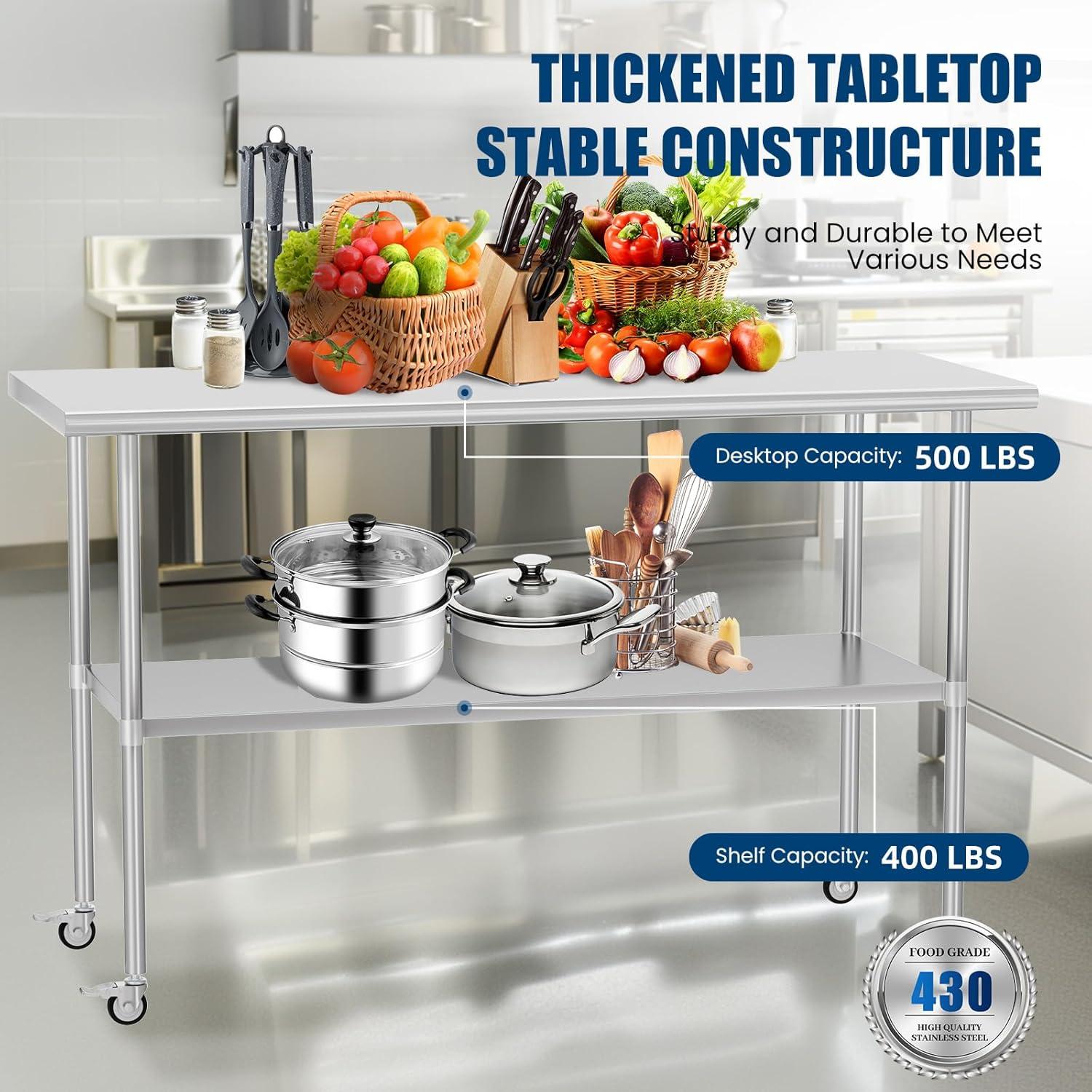 Stainless Steel Table with Wheels 24 x 60 Inches Metal Prep Table with Adjustable Undershelf for Commercial Kitchen, Outdoor, Restaurant, Hotel & Garage
