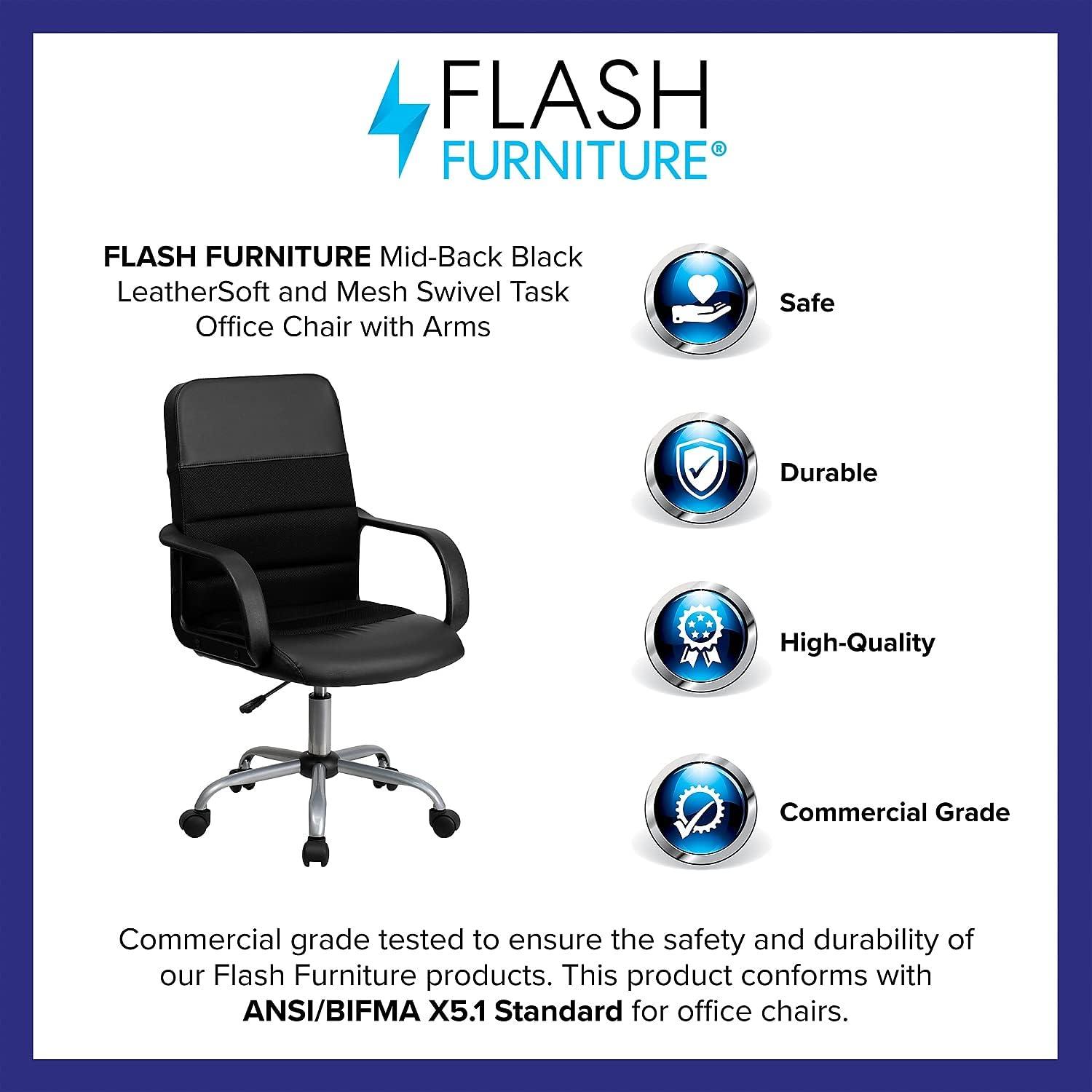 Flash Furniture Manor Mid-Back Swivel LeatherSoft Ergonomic Desk Chair with Headrest, Black