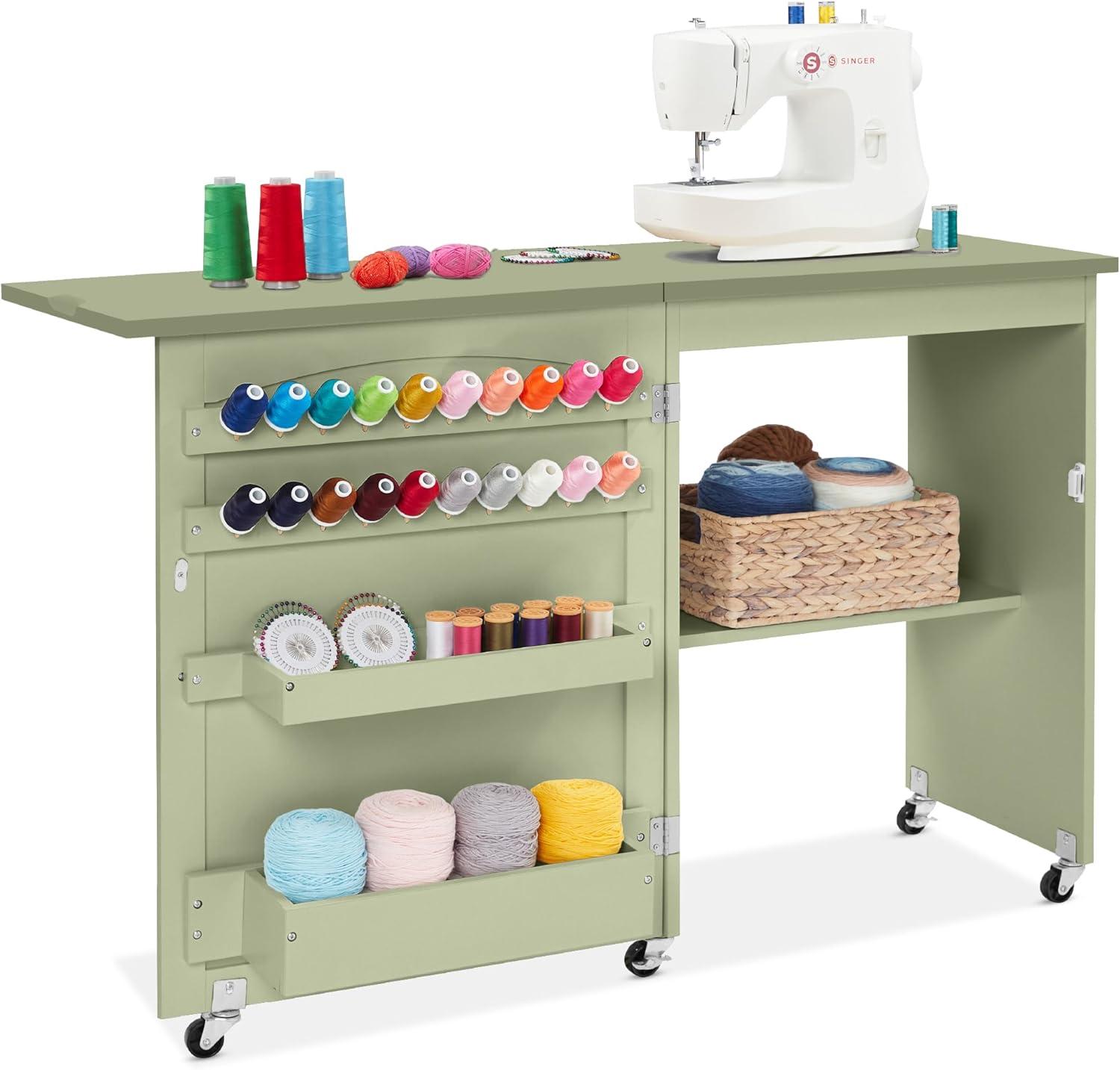 Light Green Folding Sewing Table with Craft Storage and Trays