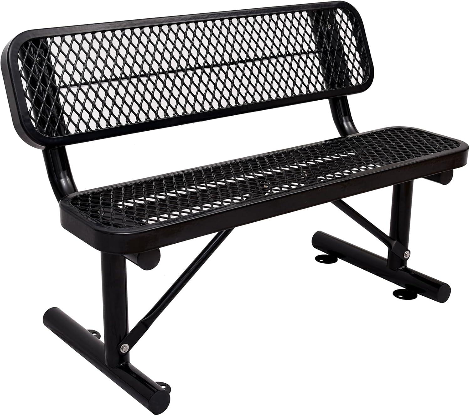 48-Inch Black Steel Outdoor Bench with Backrest and Thermoplastic Coating