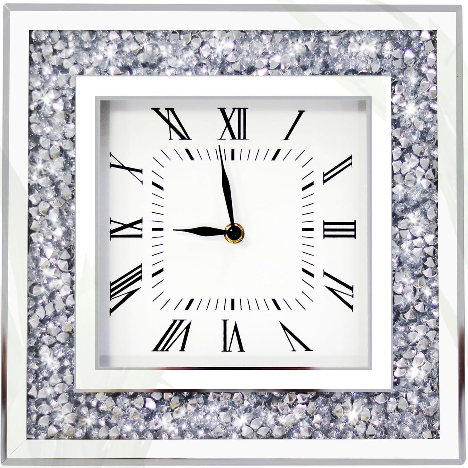 Silver Glass Mirrored Square Wall Clock with Crushed Diamonds