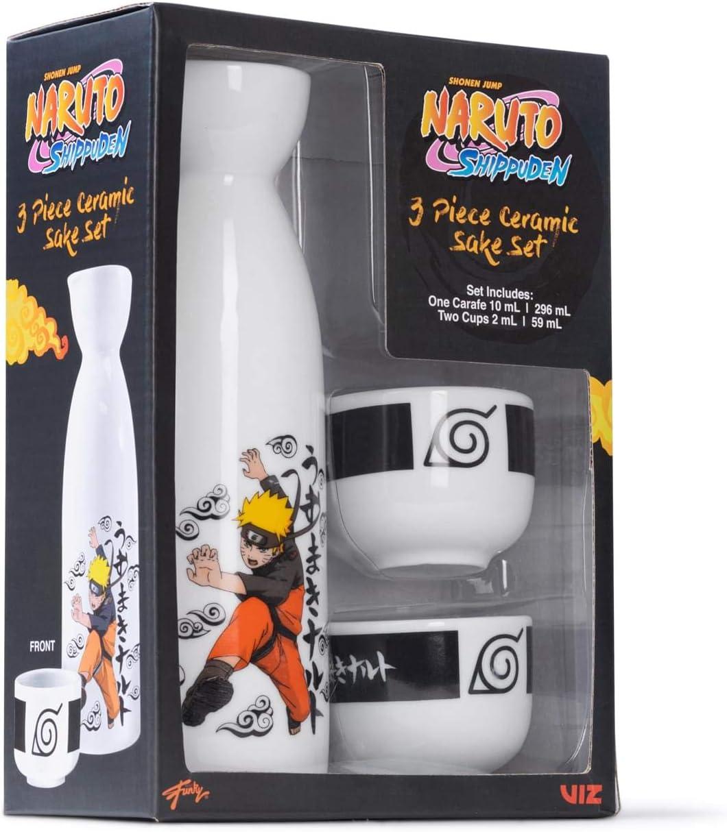 Naruto 3 Piece Heavy Duty Ceramic Drinkware Sake Set Featuring 1 Carafe & 2 Cups