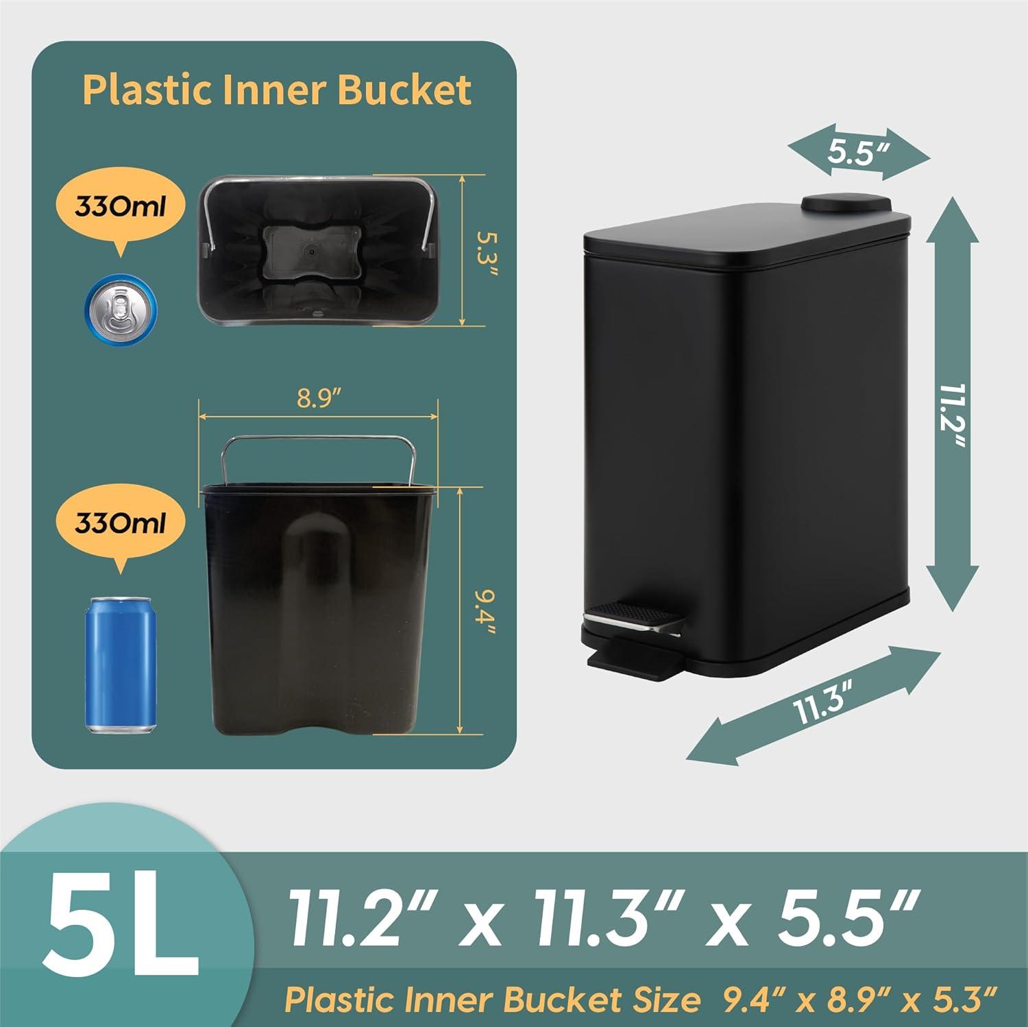 SunnyPoint Rectangle 1.32 Gallon Wastebasket with Plastic Inner Buckets; Black, Metal.