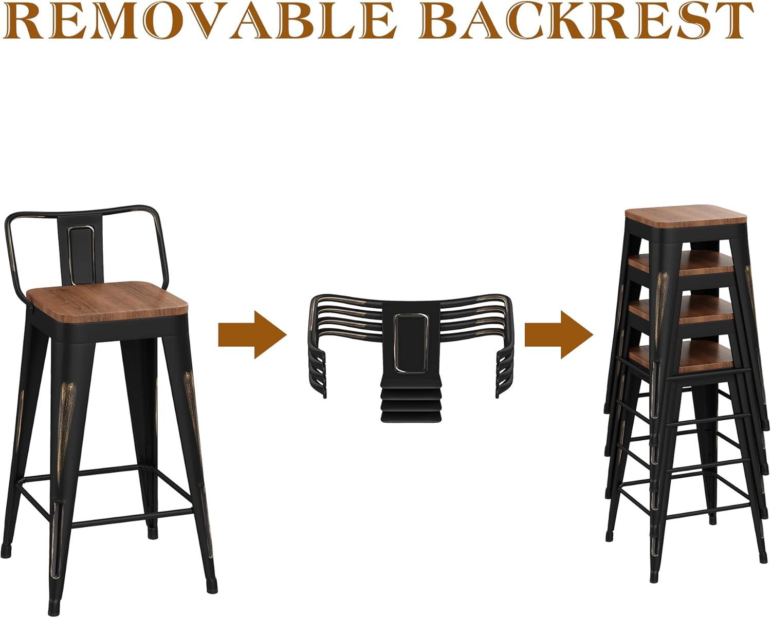 Bar Stools Set of 4 Metal Bar Stool Counter Height Bar Stools 26" Black Modern Bar Chairs with Back and Wooden Seat Bar Stools Counter Height