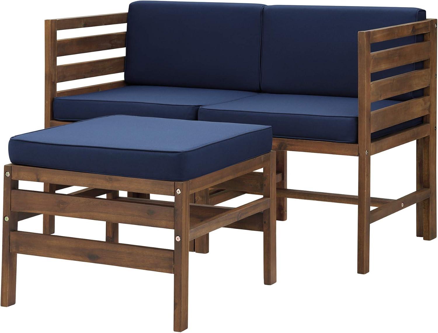 Sanibel Acacia Wood Outdoor Arm Chairs and Ottoman Set - Dark Brown/Navy