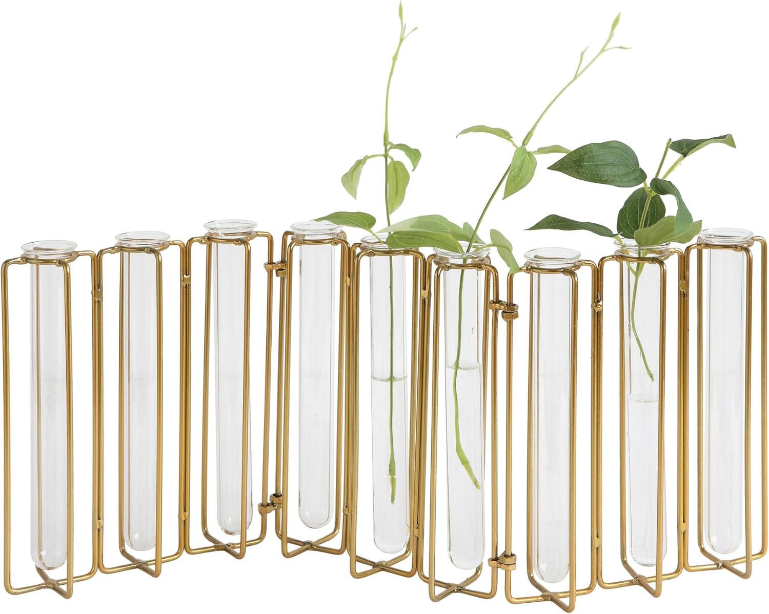 9 Test Tube Vases in a Single Gold Metal Stand - Storied Home: Watertight Glass, Tabletop Display