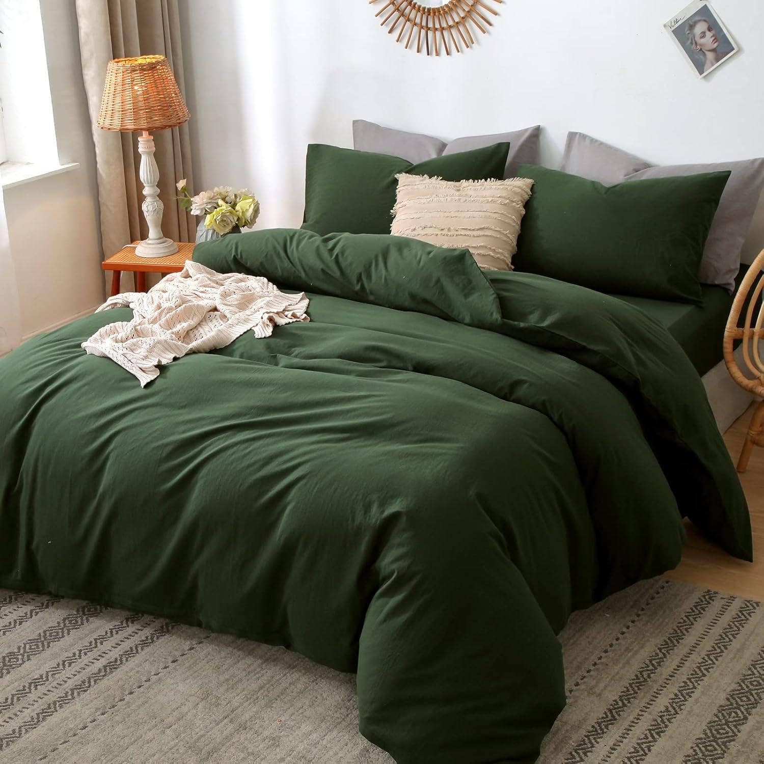 MooMee Duvet Cover Set 100% Washed Cotton Linen Like Textured Breathable 3 Piece (Forest Green, Queen)