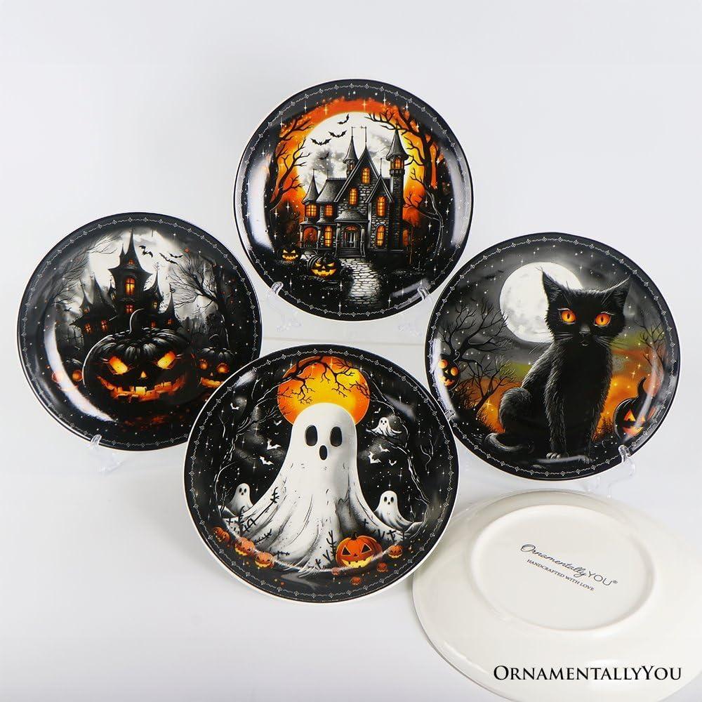 Haunted Night Set of 4 Plates, Black Halloween Tableware Collection for Salad, Dessert, Appetizer, and Side Plates| OrnamentallyYou