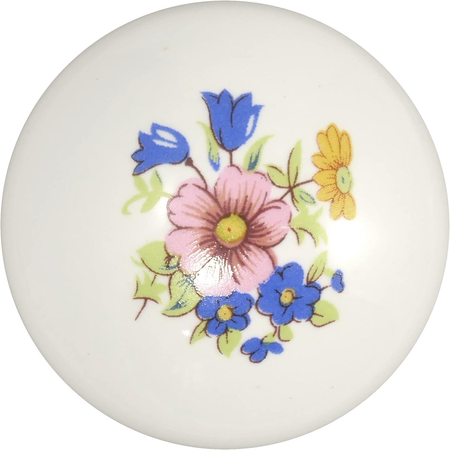 White Porcelain Round Cabinet Knob with Floral Design