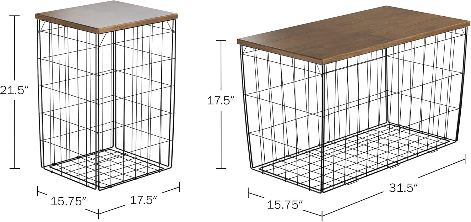 Lavish Home Set of 3 Living Room Tables - Metal Basket Storage with Removable Lids - 2 Small Side and 1 Large Accent Table (Brown/Black)