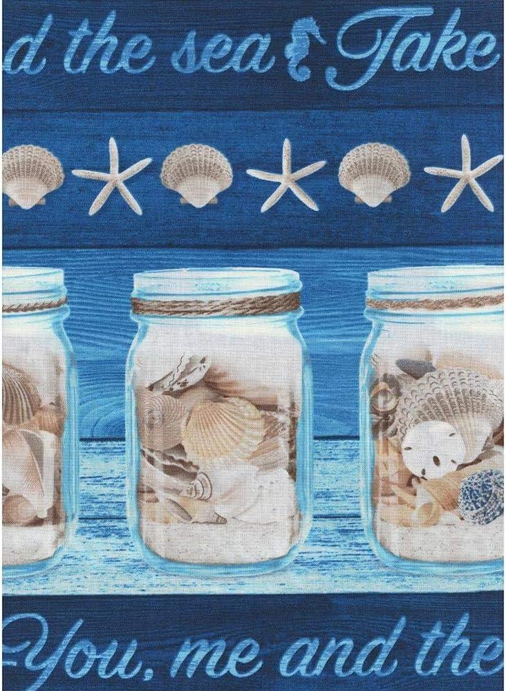 Cotton Seashells in Jars Beach Summer Vacation Travel Take Me To The Beach Blue Cotton Fabric Print by the Yard (BEACH-C6745-BLUE)