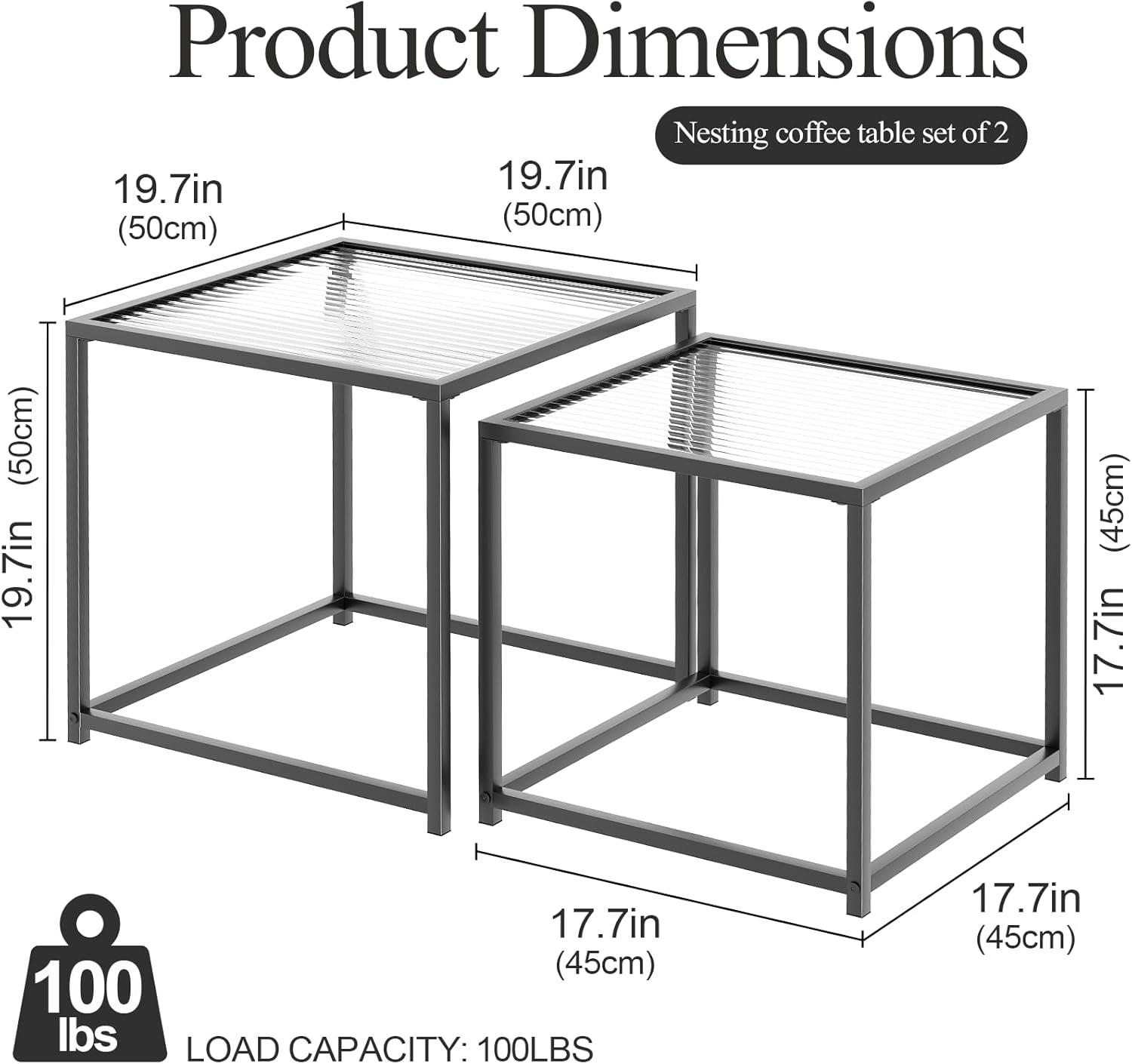 VILAWLENCE Coffee Table Set of 2, Modern Black Patterned Glass Side Table, Metal Frame Square End Table, Center Tables Nesting Coffee Table for Living Room,Bedroom and Small Spaces