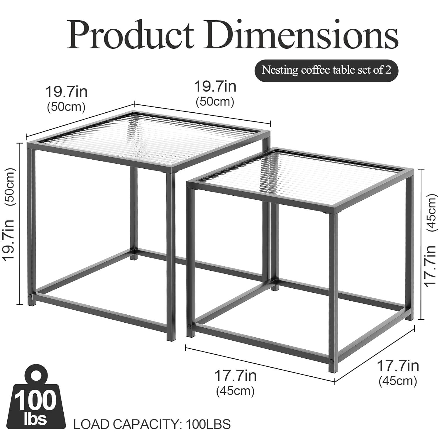 VILAWLENCE Coffee Table Set of 2, Modern Black Patterned Glass Side Table, Metal Frame Square End Table, Center Tables Nesting Coffee Table for Living Room,Bedroom and Small Spaces