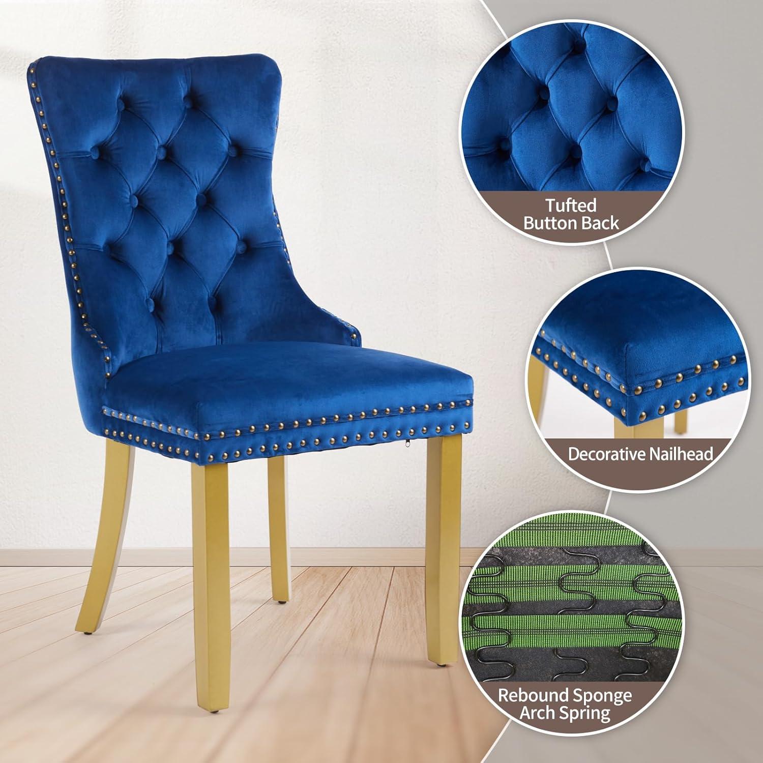 Velvet Upholstered Dining Chairs, Set of 2, Dining Room Tufted Chair, Modern Button Tufted Armless Chairs with Nailhead Trim and Back Ring Pull, Gold Legs, for Dining Room, Kitchen, Navy