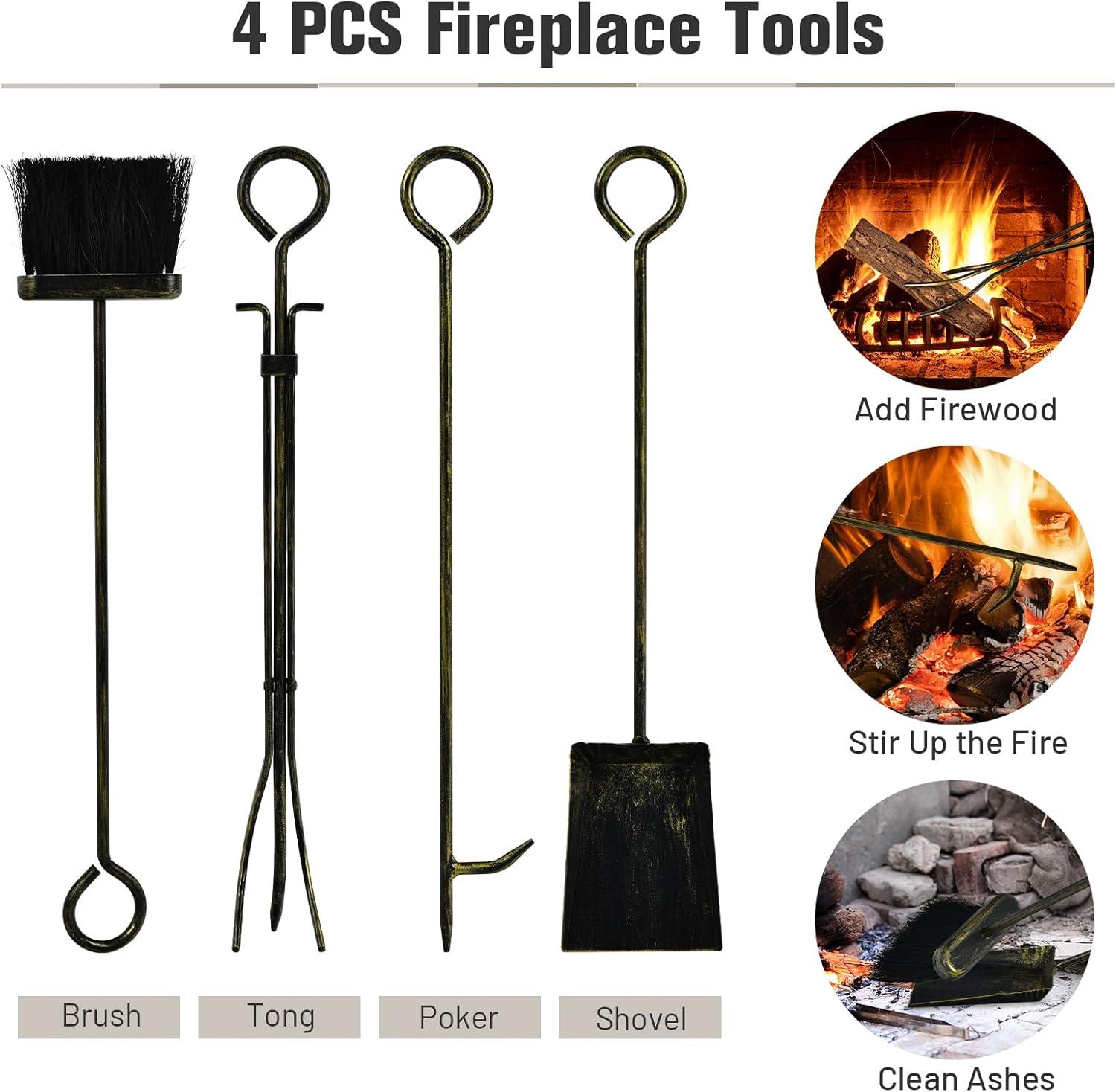 Kadyn Fire Wood Storage Racks, Firewood Holder,Firewood Frame,Firewood Shelf,Fireplace Log Rack with 4 Pieces Fireplace Tools-Bronze