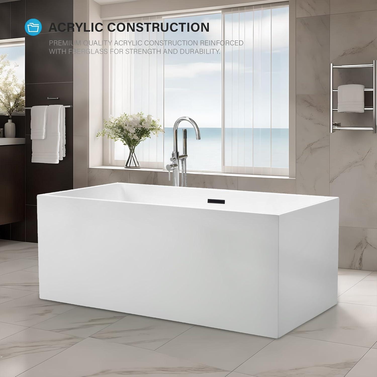 White Acrylic Freestanding Soaking Bathtub with Matte Black Trim