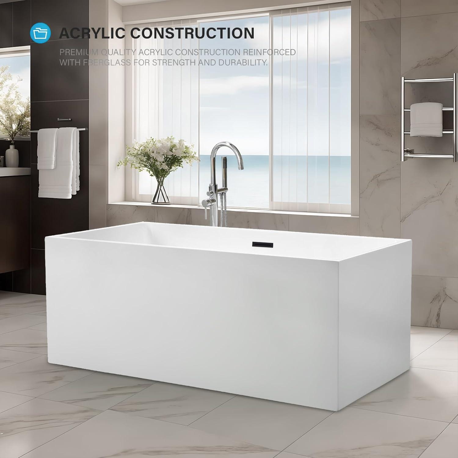 Vanity Art 67" Acrylic Freestanding Soaking Bathtub with Overflow and Pop-up Drain