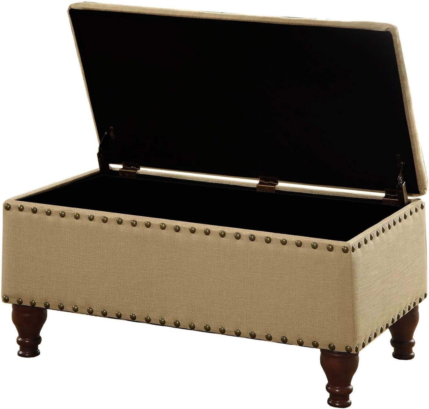 Elegant Tan Upholstered Storage Bench with Nailhead Trim and Wood Legs