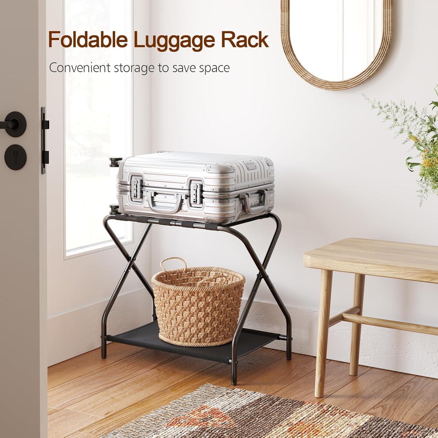 MEBROT Set Of 2, Foldable Suitcase Stands For Guest Room, Metal Luggage Holder With Storage Shelf For Bedroom, Hotel, Easy Assemble