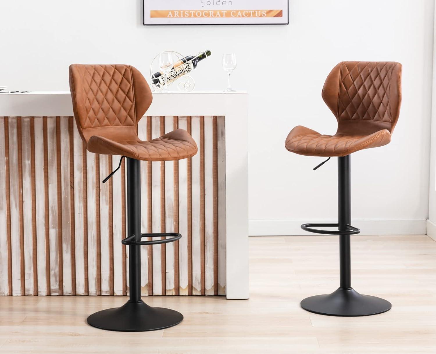 Set of 4 Adjustable Brown Faux Leather Swivel Bar Stools