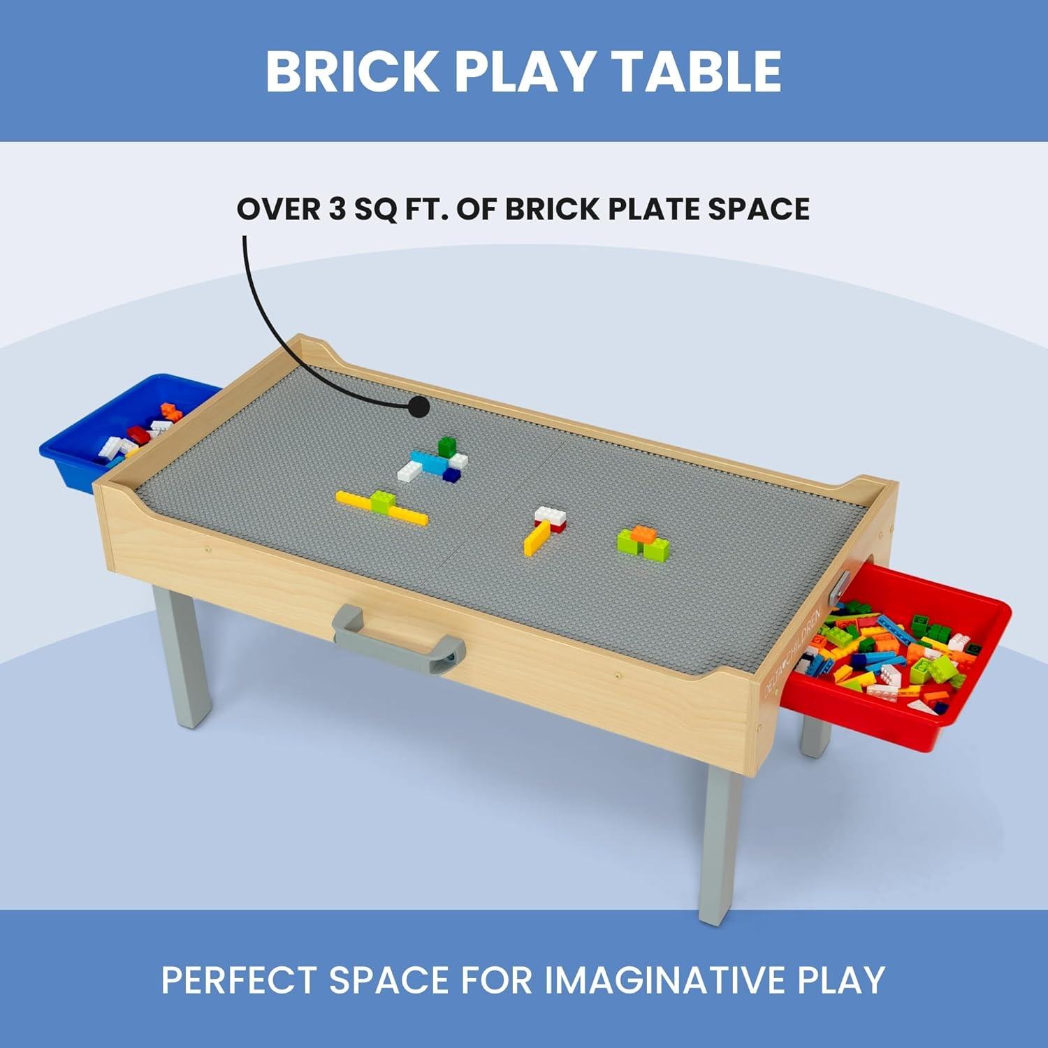 Delta Children Play N Store Building Bricks Play Table with 100+ Play Bricks Included - Large Brick Plate Compatible with LEGO, MegaBlocks & More - Legs Fold for Easy Under Bed Storage, Grey