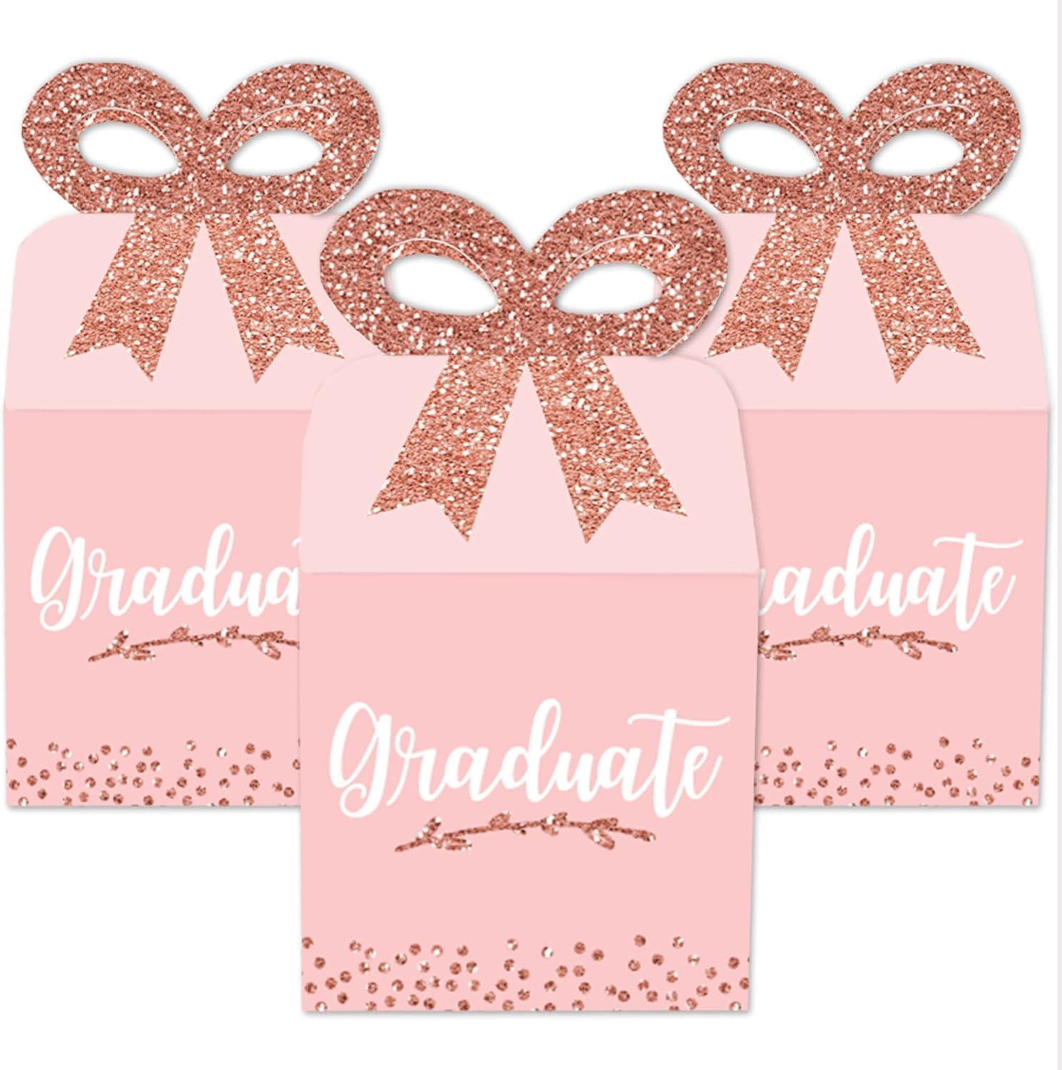 Big Dot of Happiness Rose Gold Grad - Square Favor Gift Boxes -  Graduation Party Bow Boxes - Set of 12
