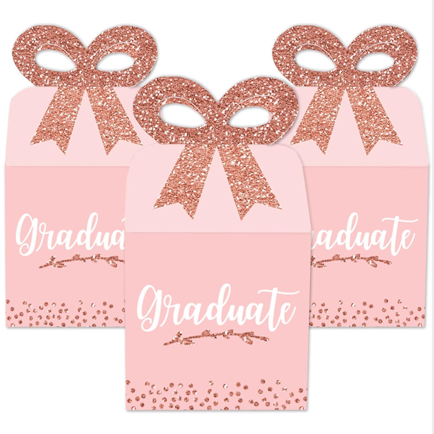 Big Dot of Happiness Rose Gold Grad - Square Favor Gift Boxes -  Graduation Party Bow Boxes - Set of 12