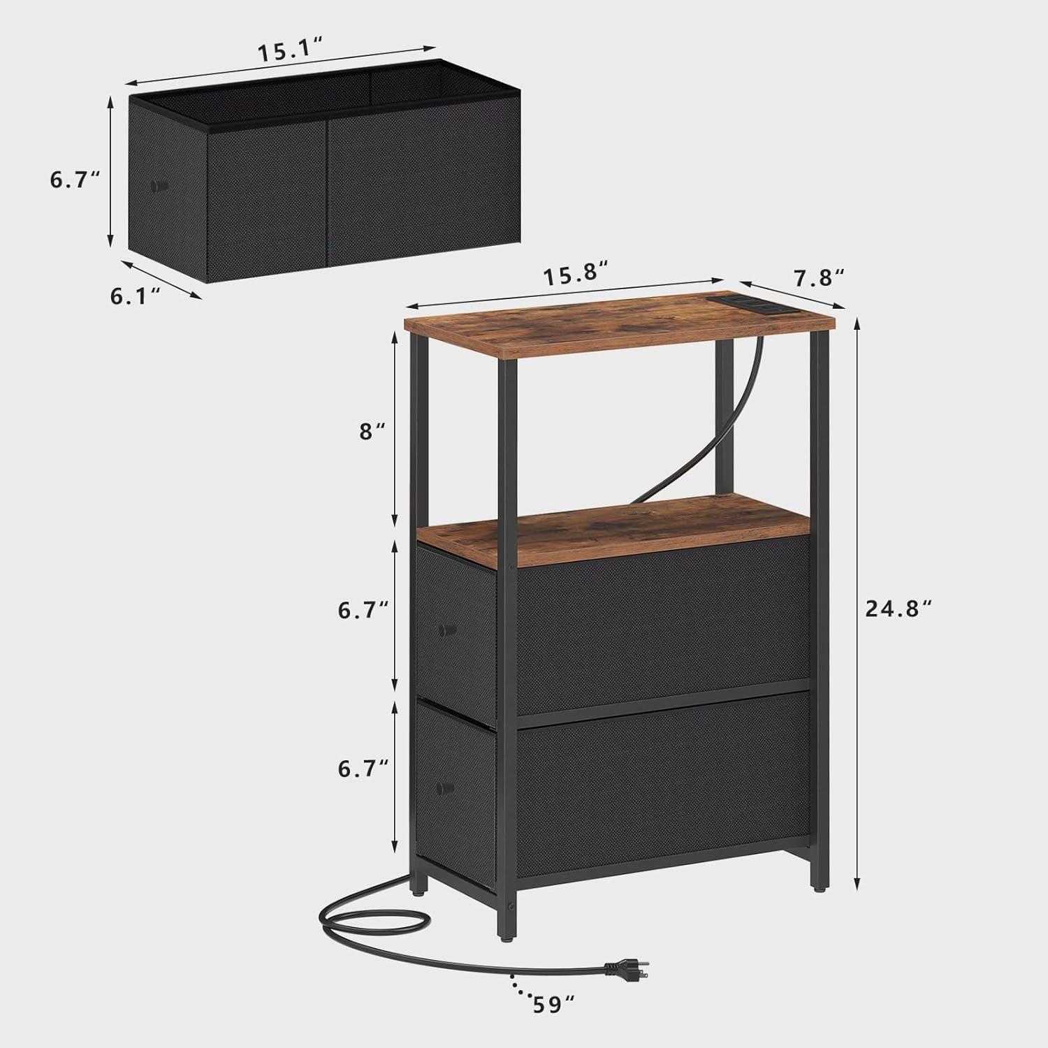 Brown and Black Narrow End Table Set with Charging Station