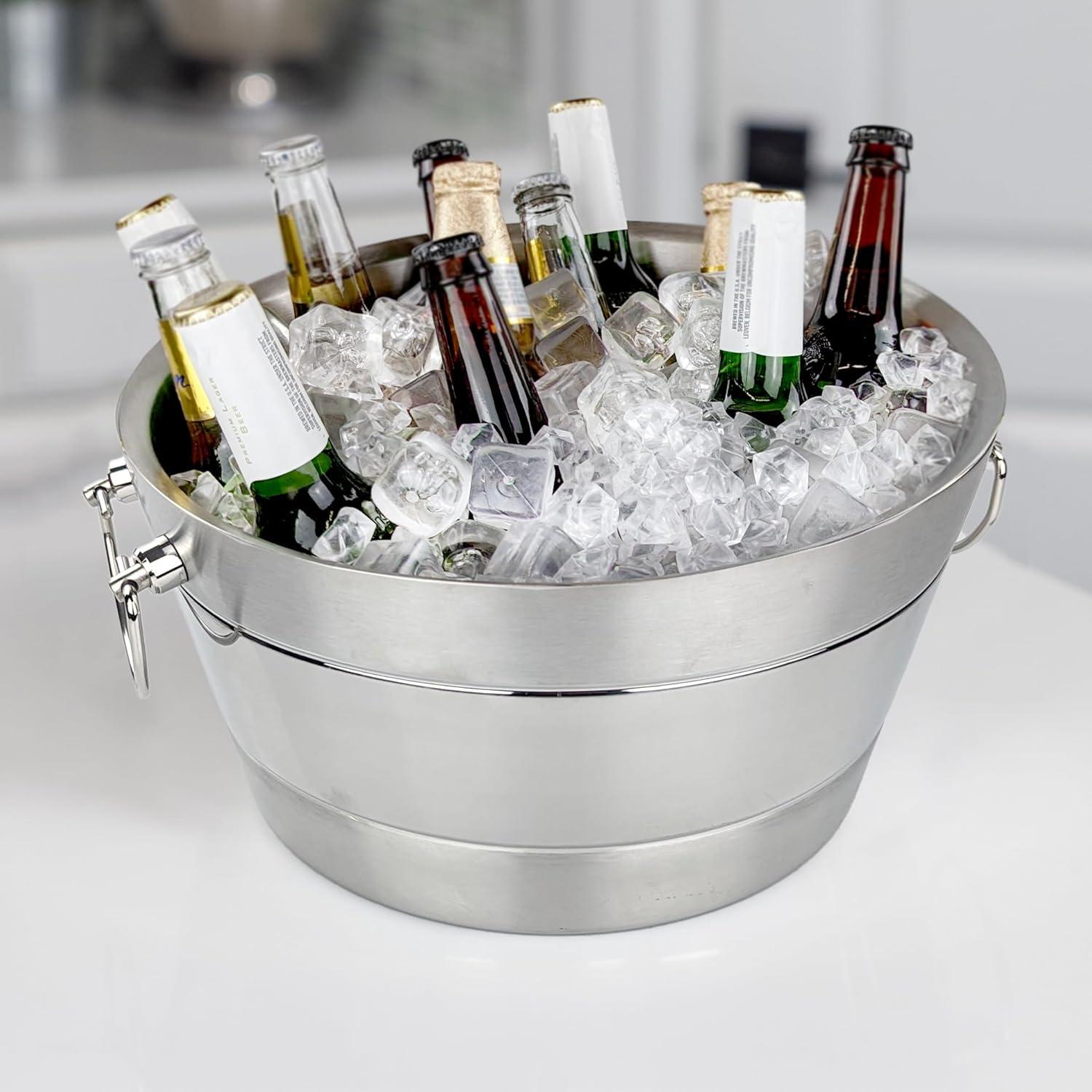 BREKX Anchored Ribbed Stainless-Steel Beverage Tub, Wine and Beer Bucket - 14"W x 6.75"H