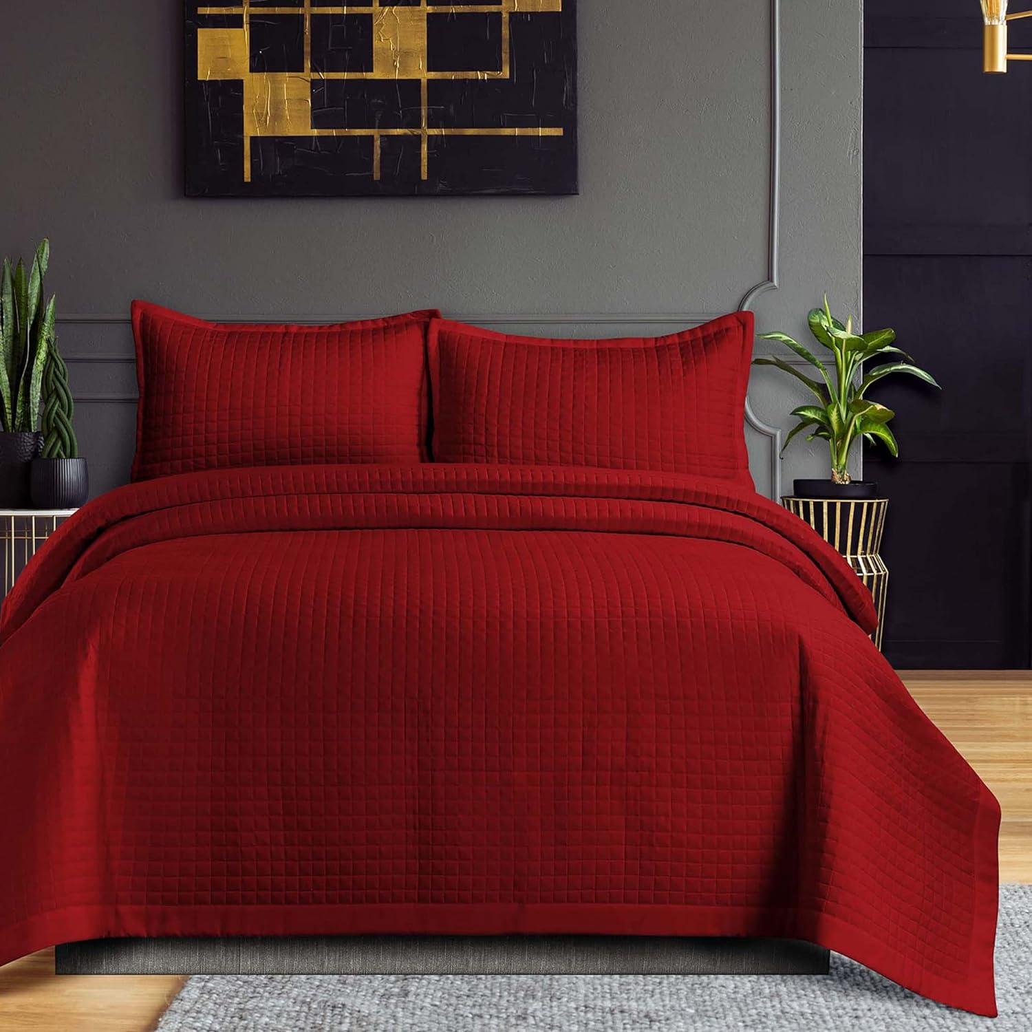King Naples Microfiber Quilt Set Deep Red - Tribeca Living: Includes 2 King Shams, Box Quilting Design