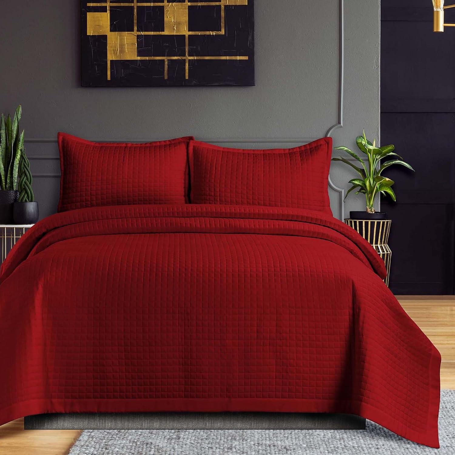 King Naples Microfiber Quilt Set Deep Red - Tribeca Living: Includes 2 King Shams, Box Quilting Design
